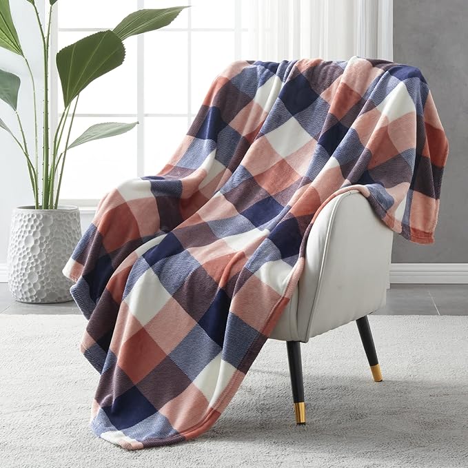 SOCHOW Buffalo Plaid Flannel Fleece Throw Blanket 60 x 80 Inches, Soft Lightweight Cozy All Season Coral Pink Checkered Blanket for Bed, Couch, Car
