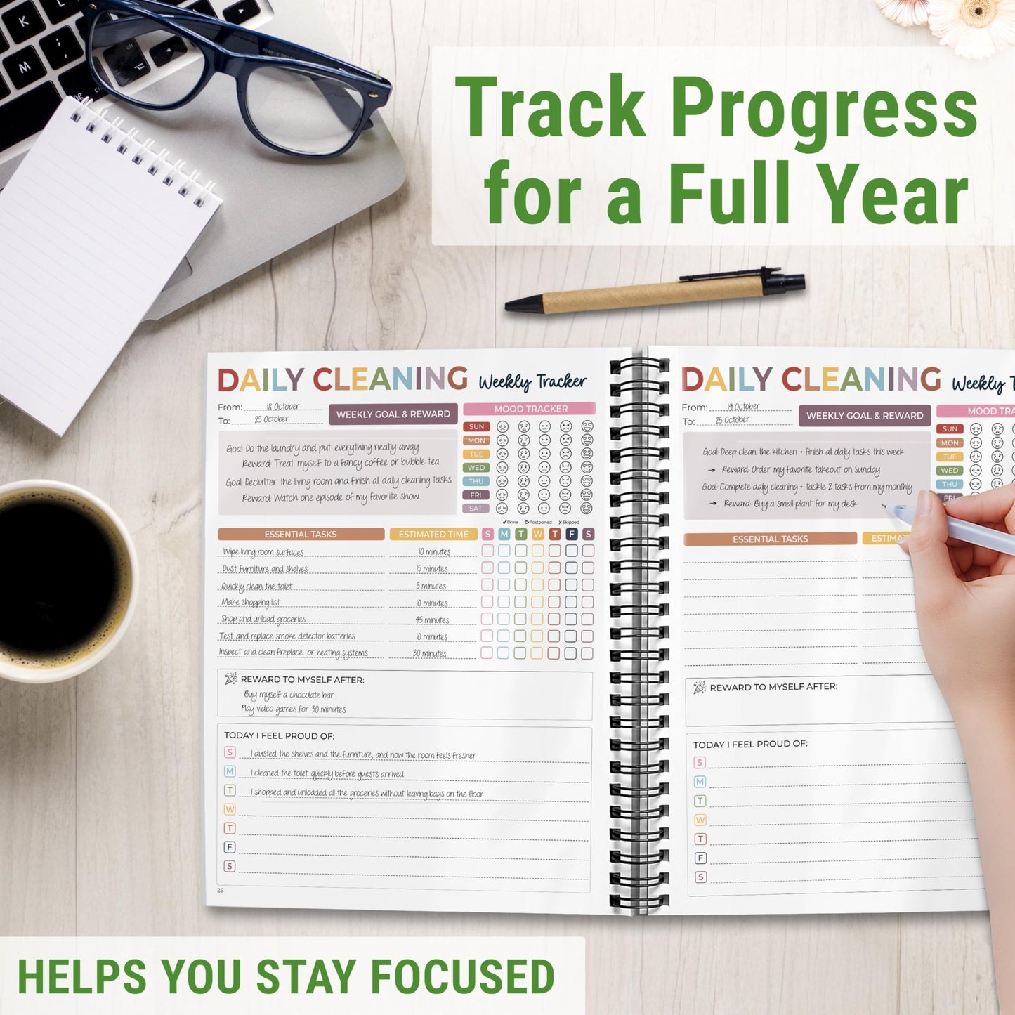BLOOMOST ADHD Cleaning Planner - Cleaning Schedule and Checklist Organizer for Adults and Teens - Daily, Weekly & Monthly Household Cleaning Checklist for ADHD Minds - Stress-Free Housework
