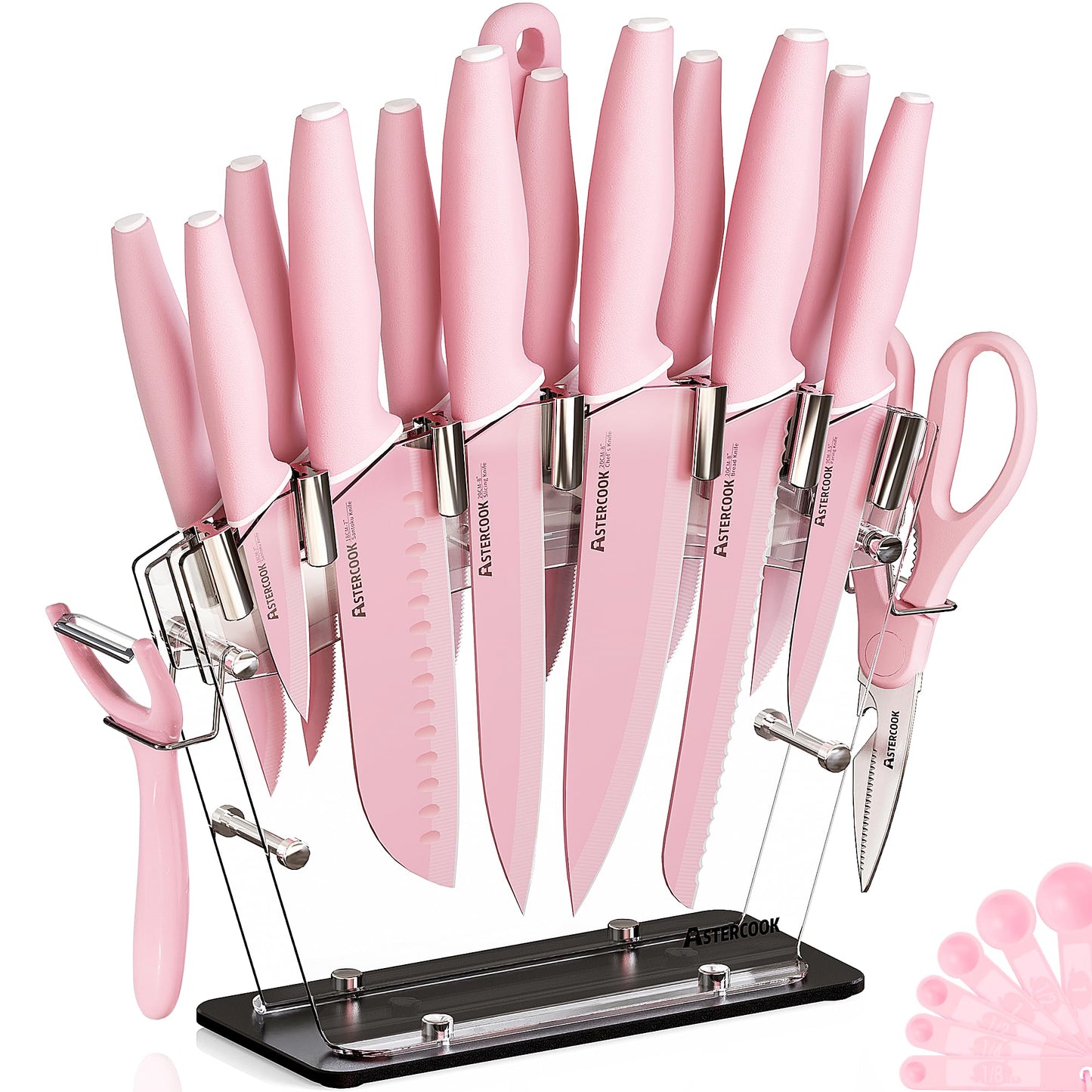 Astercook Knife Set with Block and Sharpener, 22 Piece Kitchen Knife Set Dishwasher Safe, Space-Saving Clear Knife Block with Knives for Everyday Home Cooking Mothers Day Gifts Pink