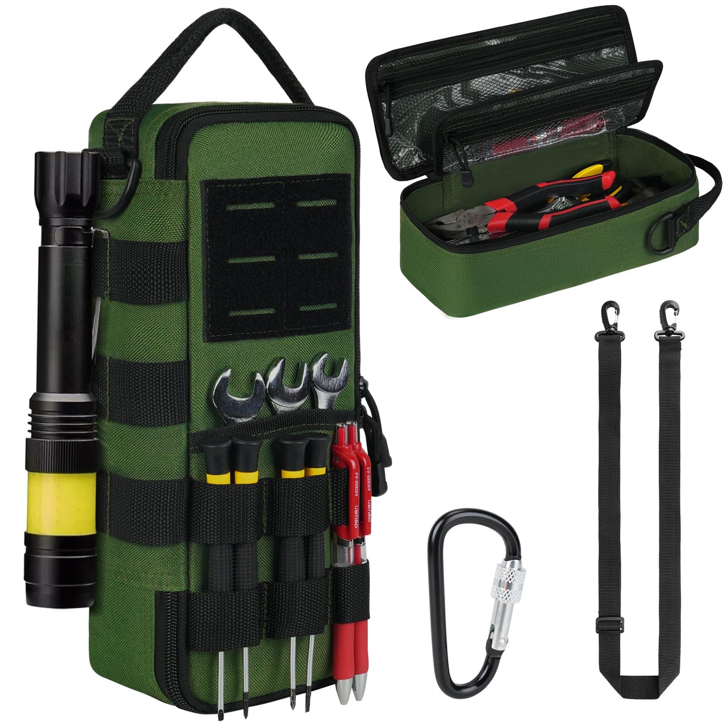 Heavy Duty Small Tool Bags for Men with Carabiner,Tactical Tool Pouch Bag,Portable Utility Tools Storage Organizer Case with Shoulder Strap for EDC,Motorcycle,Camping,Road Trip,Electricians,Green