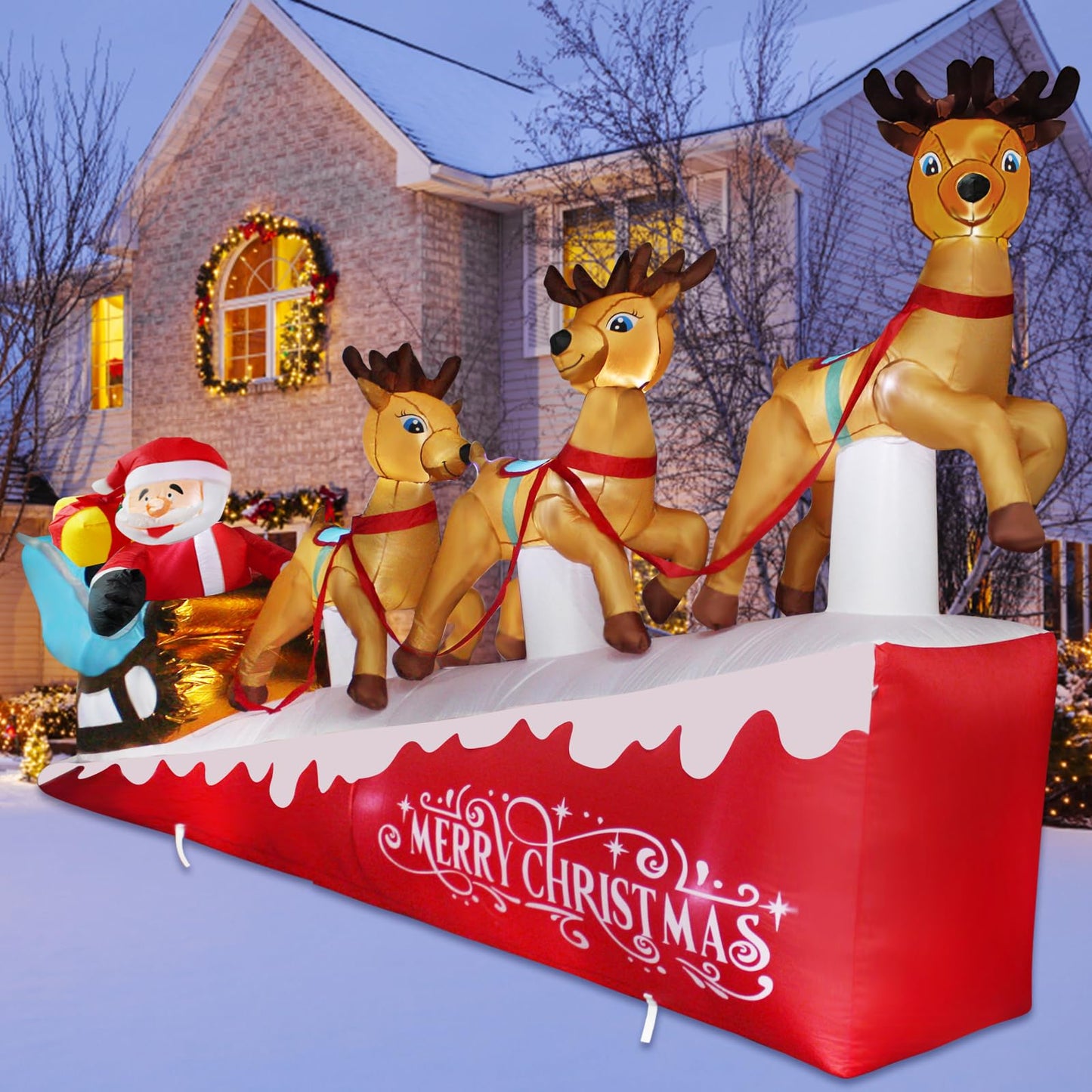 Hazms 13.3 FT Christmas Inflatables Santa Claus on Sleigh with Three Reindeer & Gift Box Outdoor Yard Decorations LED Lights Inflatable Christmas Decoration,Lawn, Garden