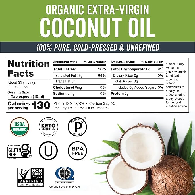 Viva Naturals Organic Coconut Oil, 16 fl oz – Unrefined, Cold-Pressed Extra Virgin Coconut Oil, USDA Organic & Non-GMO, Natural Cooking Oil, Hair Oil & Skin Oil