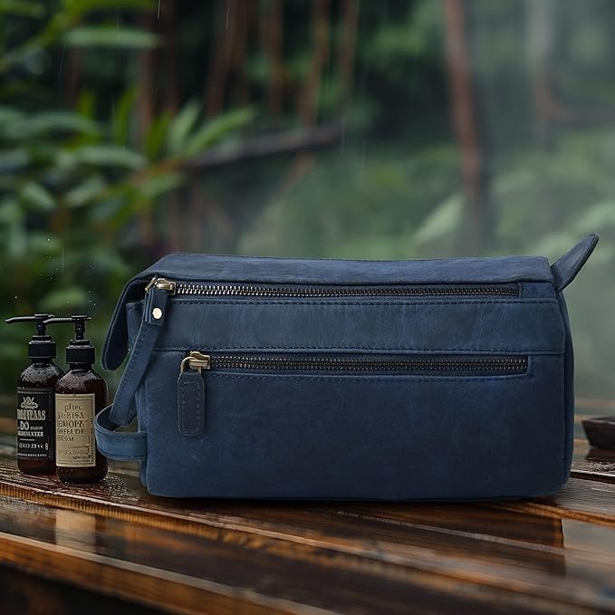 LEATHER VILLAGE Premium Leather Travel Toiletry Bag - Unisex Water-Resistant Travel Bag for Toiletries, Shaving & Cosmetic Organizer for Men & Women - Compact Bathroom Essentials - Royal Blue