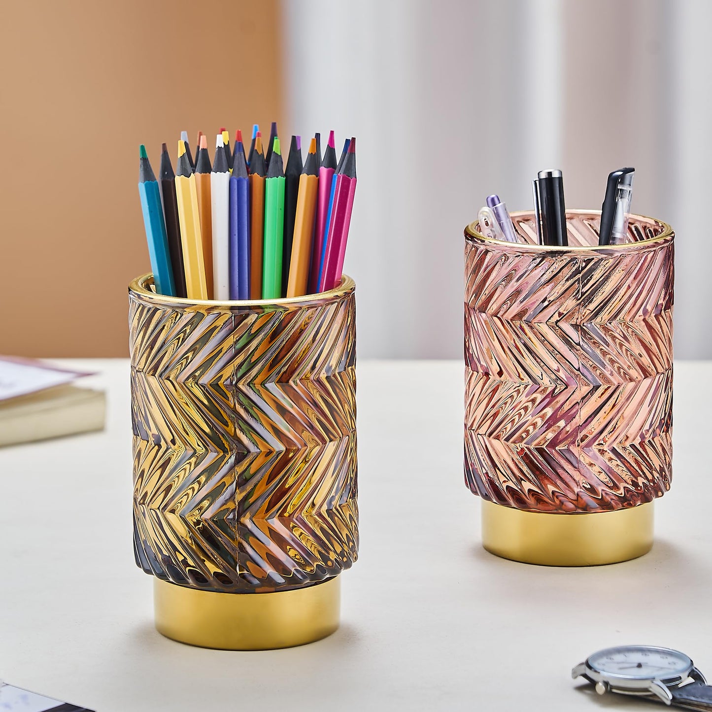 LEICURACE Makeup Brush Holder Organizer,Toothbrush Holders,Desk Pen Pencil Holder,Multifunctional Vintage Glass Brush Cup（A40-4-US）