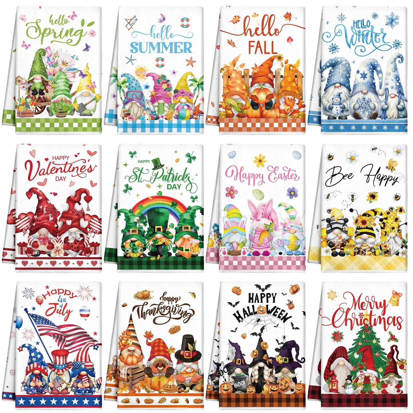 FuWeave 12 Pcs Seasonal Kitchen Towels Set for All Holidays Summer Patriotic Hand Dish Tea Towels Bulk Absorbent Dishcloths Housewarming Gift for Cooking Kitchen Bathroom(Gnome Style,Bright Color)