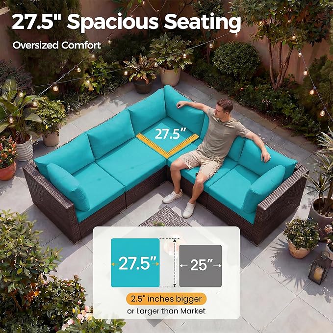NICESOUL 7 Piece Patio Furniture Set with Natural Gas/Propane Firepit, 29.3'' High Back Comfy Outdoor Conversation Sofa Sets, Deep Seat Sectional Couch for Heavy Weight, Brown Rattan and Teal Cushion