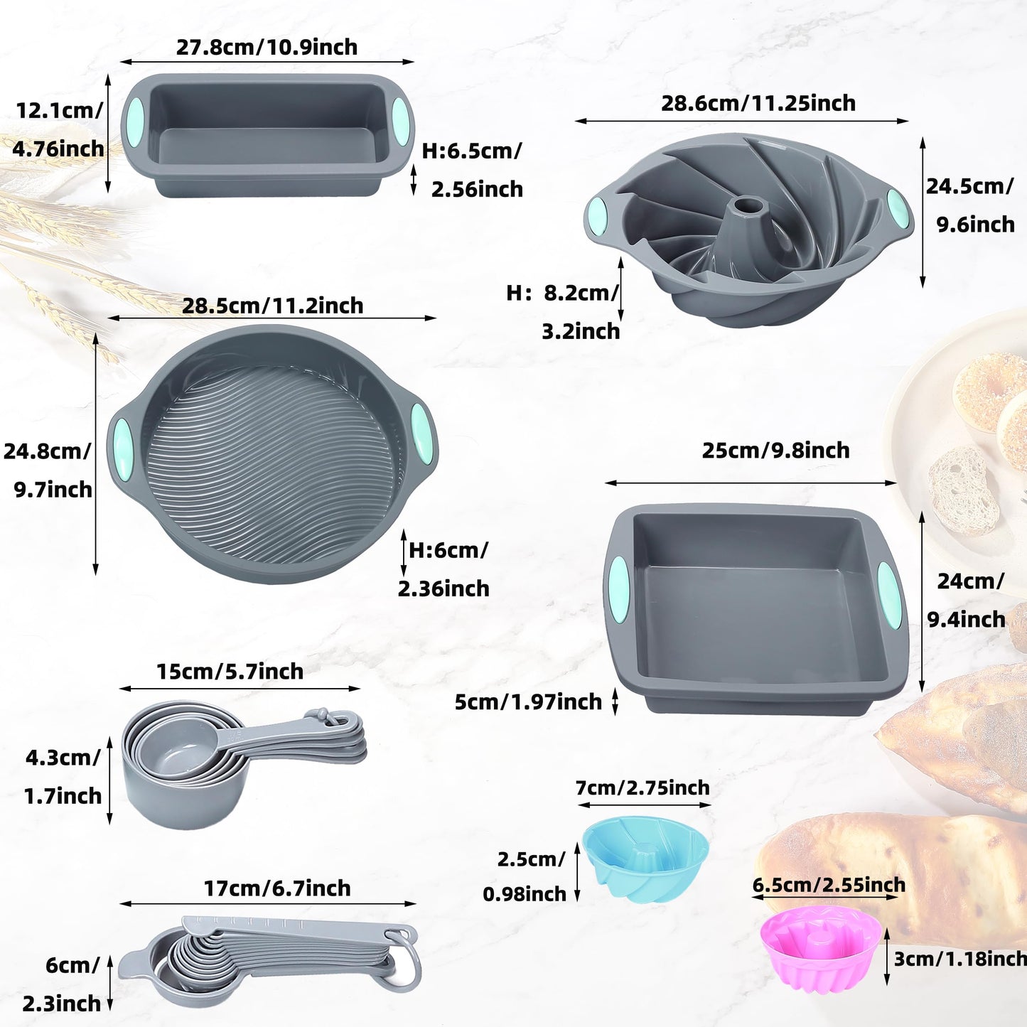To encounter 45 Pieces Silicone Bakeware Set, Heat Resistant Baking Pans, Nonstick Baking Molds for Cake, Bread and Cupcake, with Measuring Cups and Spoons Set, Light Grey