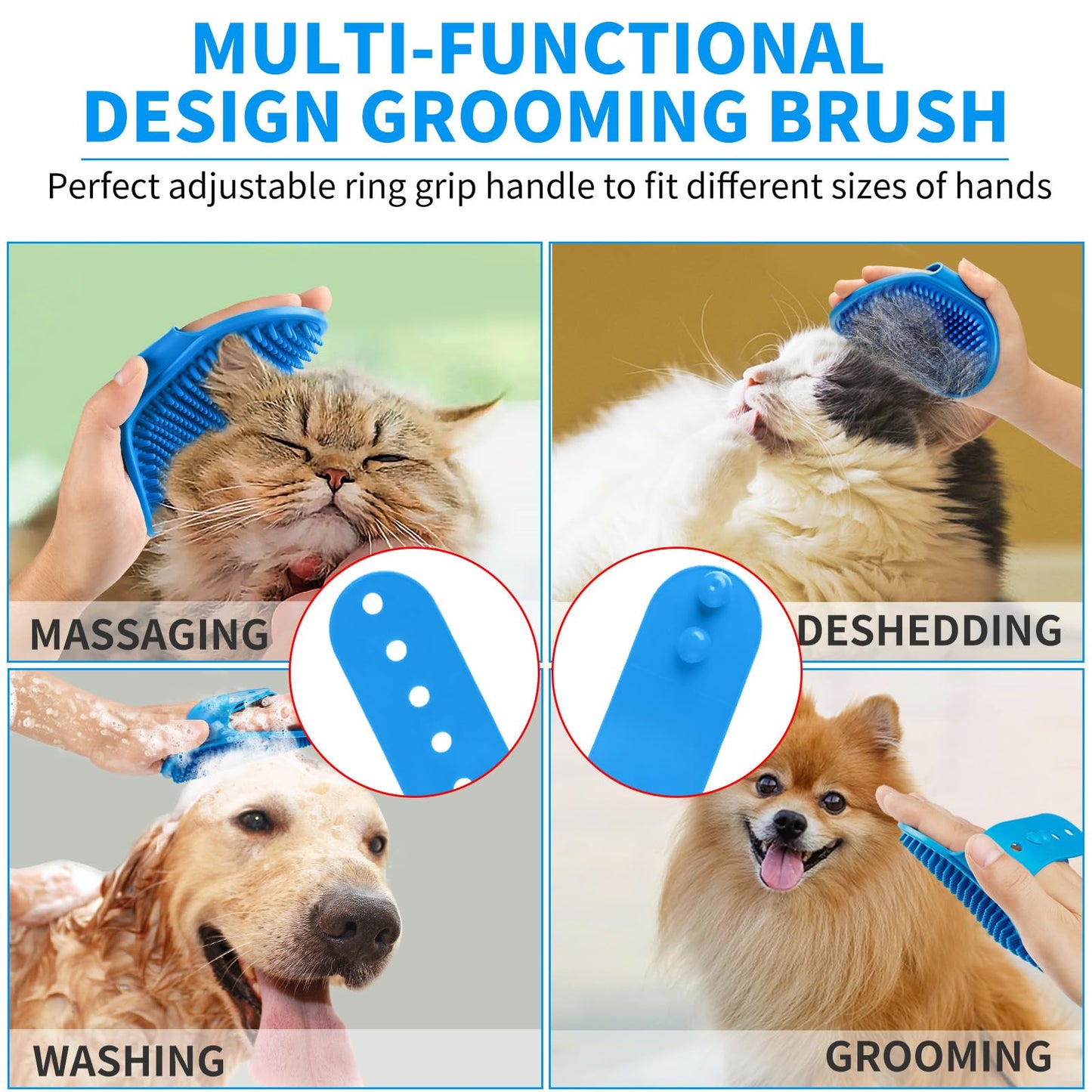 Comotech 6PCS Dog Bath Brush & Dog Toothbrush | Adjustable Handle Shampoo Brush & Scrubber for Short & Long Haired Dogs & Cats | Effectively Solve Odor & Stain Removal Problems (Blue Blue Blue.)