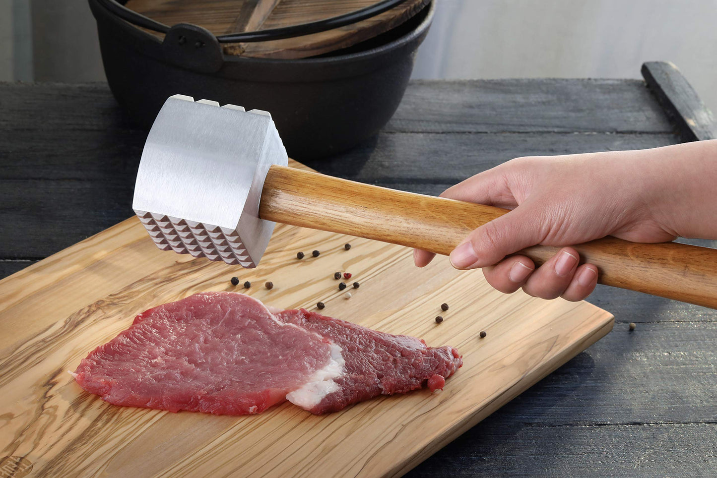 New Star Foodservice 36398 Wood Handle Aluminum Meat Tenderizer/Mallet/Hammer, 13-Inch Overall