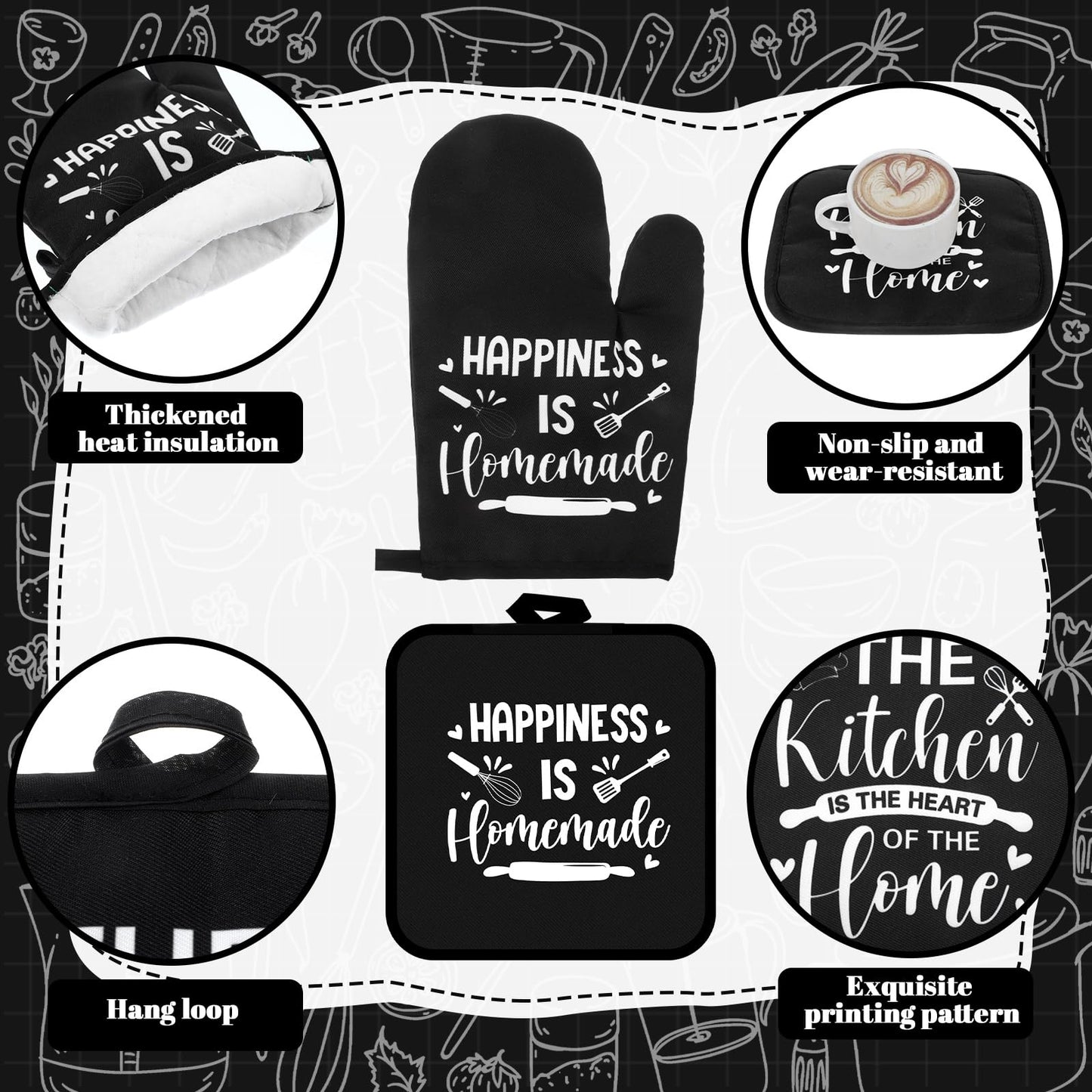 Fourluoo 10 Pcs Farmhouse Kitchen Decor and Accessories Set 4 Kitchen Towels 2 Pot Holders 2 Oven Mitts 2 Rugs for Cooking Baking Mom Housewarming Gifts(Black,Classic Style)