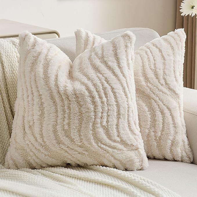 FUTEI Cream Decorative Throw Pillow Covers 22x22 Inch Set of 2,Soft Faux Fur Geometric Shapes Texture Cushion Case,Boho Home Decor for Couch Bed Living Room