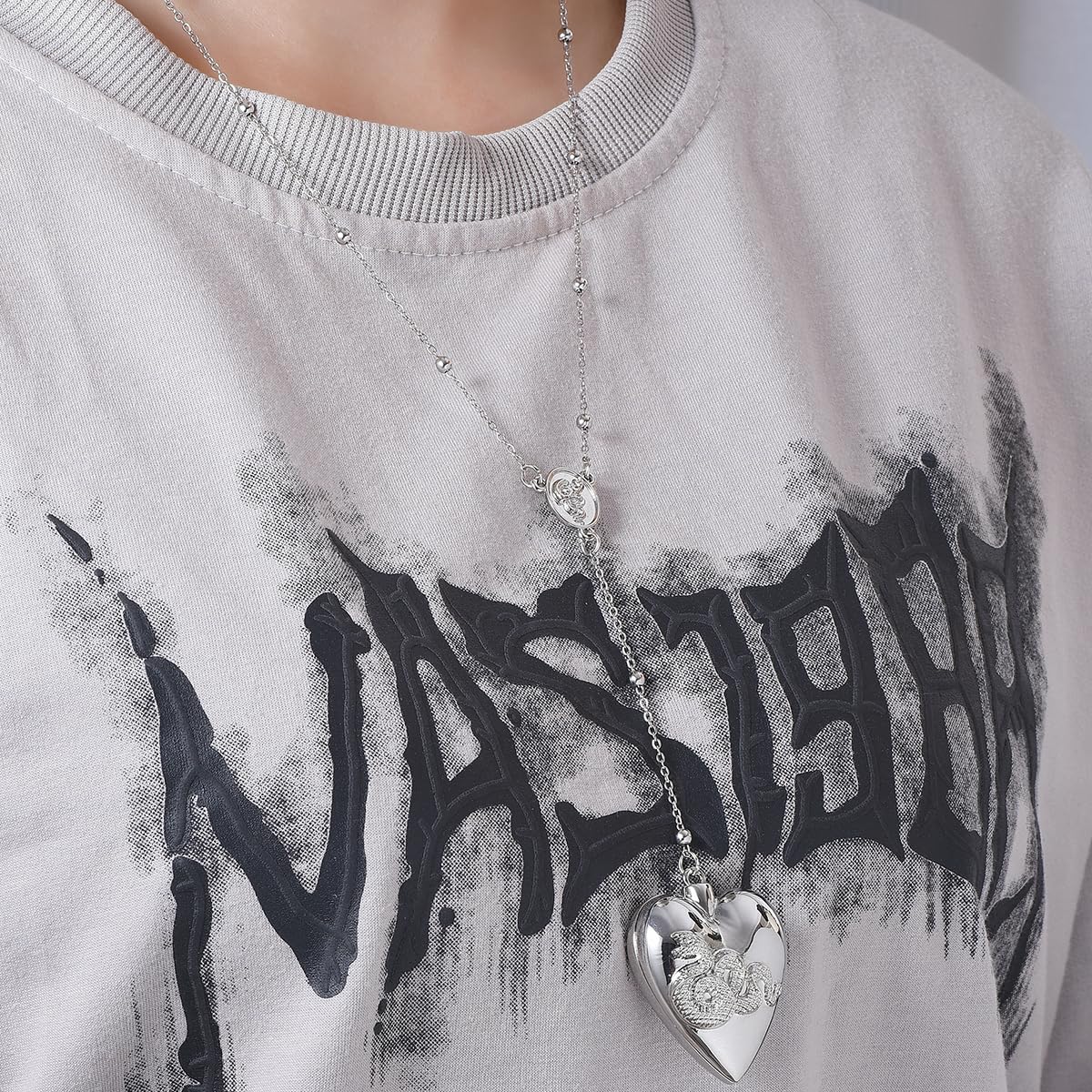 Heart Serpent Pendant Necklace Vintage Gothic Silver Necklace Rosary Style Adjustable Chain Jewelry Gift for Women