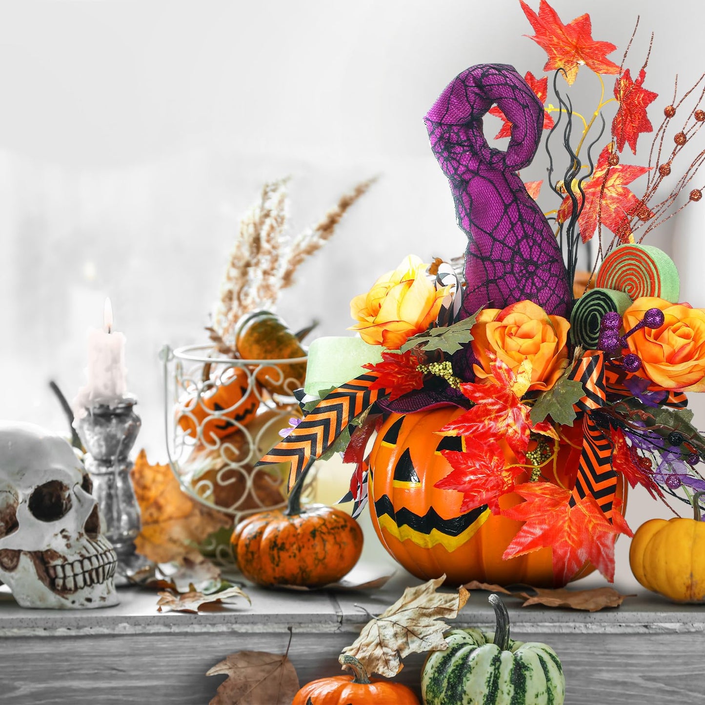 Daifunli Halloween Table Centerpieces Decorations Halloween Table Artificial Flowers Tabletop Decor for Home Kitchen Indoor Party(Pumpkin)