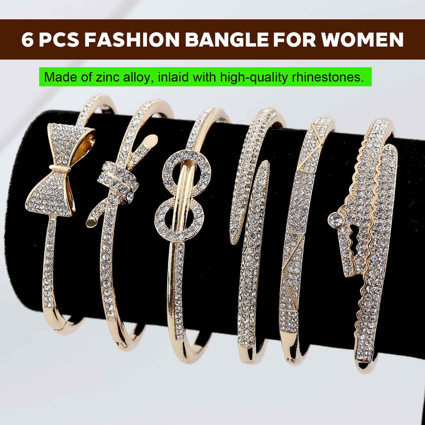 6PCS Gold Bangle Bracelet Set for Women, Light Luxury High-End Designer Style, Zinc Alloy with Cubic Zirconia, Stackable, Ideal Gift for Birthday Christmas Valentine's Day Mother's Day