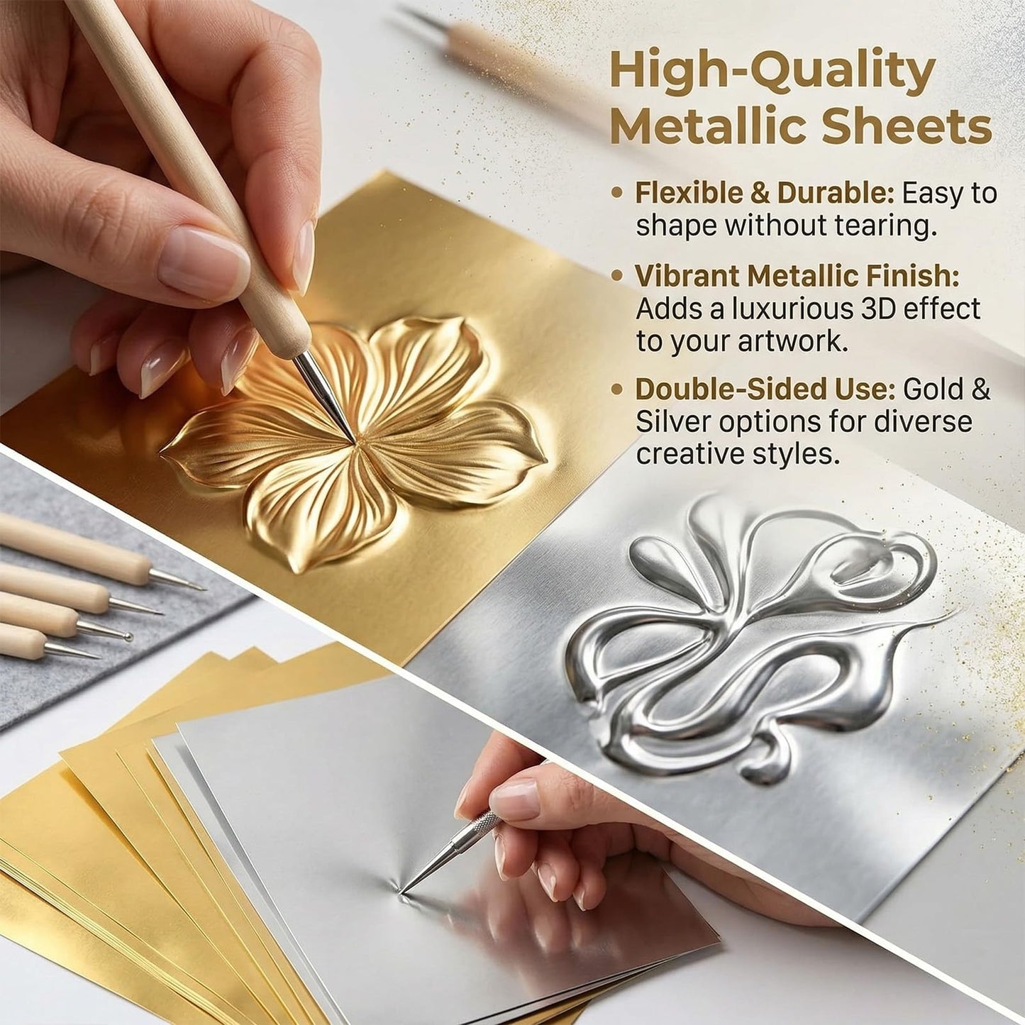 NYXODRON 15 Pieces Gold Embossing Foil Sheets, 11.57 x 9.76 Inch Metal Foil Art Kit and Embossing Kit for Crafting, Metallic Foil Craft Paper with Working Pad - Shimmering Gold Finish