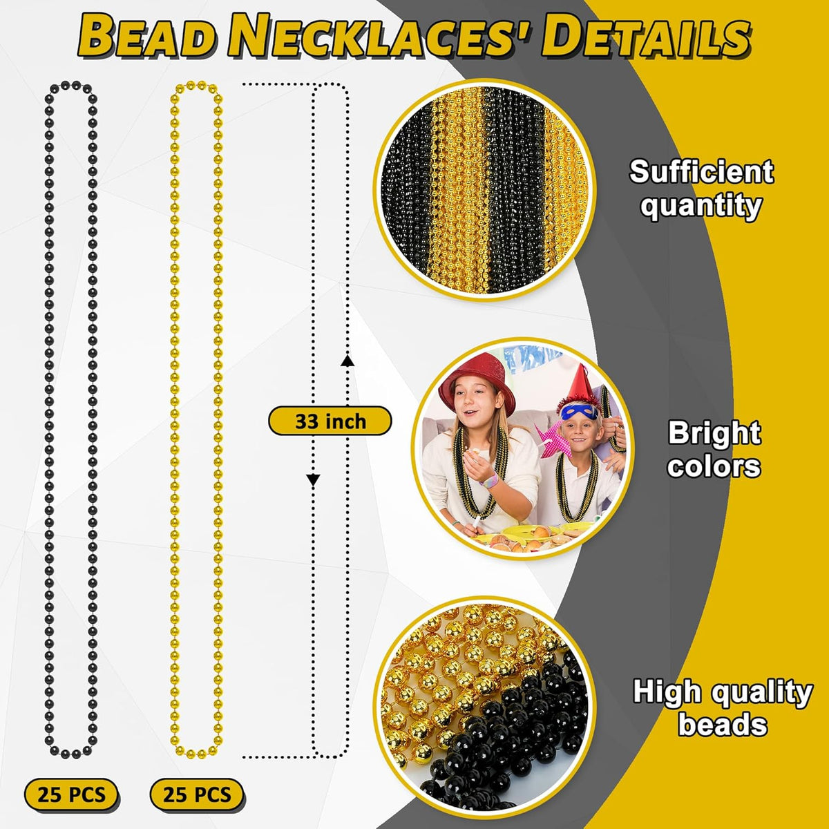 50PCS New Years Eve Bead Party Supplies, Black Gold Bead Necklace, 33" New Years Eve Beaded Necklaces, Festival Mardi Gras Parade Throw Accessories for Halloween Trick or Treat Accessories