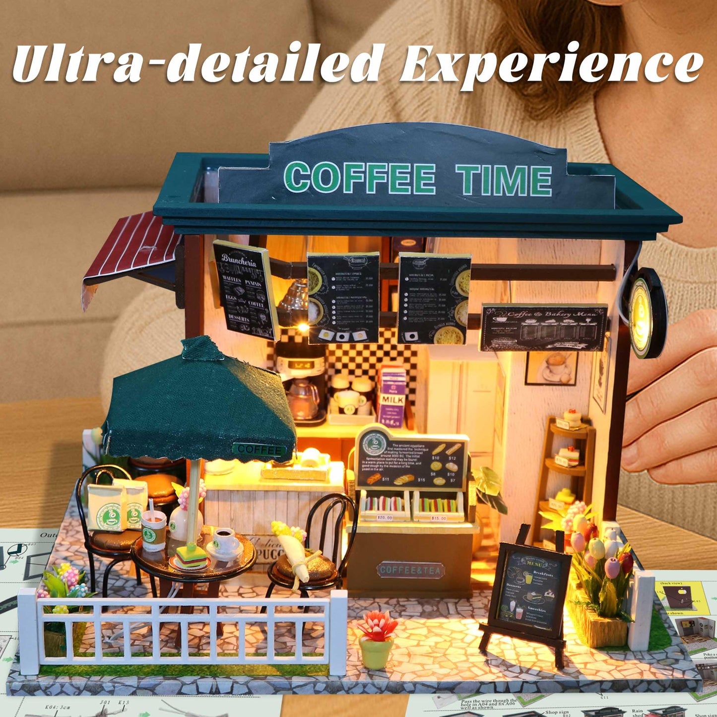 Flever Dollhouse Miniature DIY House Kit Creative Room with Furniture for Romantic Valentine's Gift (Time Cafe)