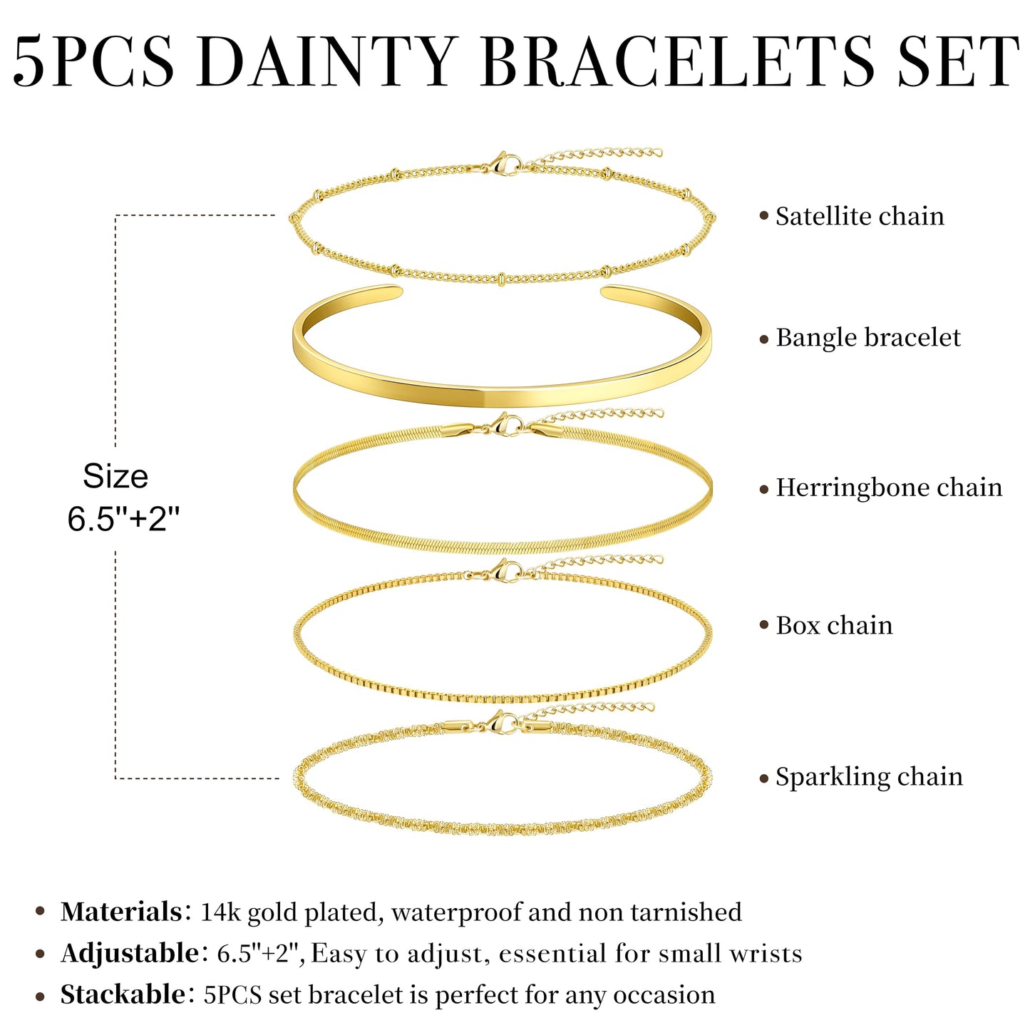 Dainty Gold Bracelets for Women, Minimalist 14K Gold Plated Stackable Thin Bracelet Set Box Link, Paperclip, Herringbone, Sparkling Chain, Bangle Cuff, Adjustable Simple Small Waterproof Jewelry Gifts for Women