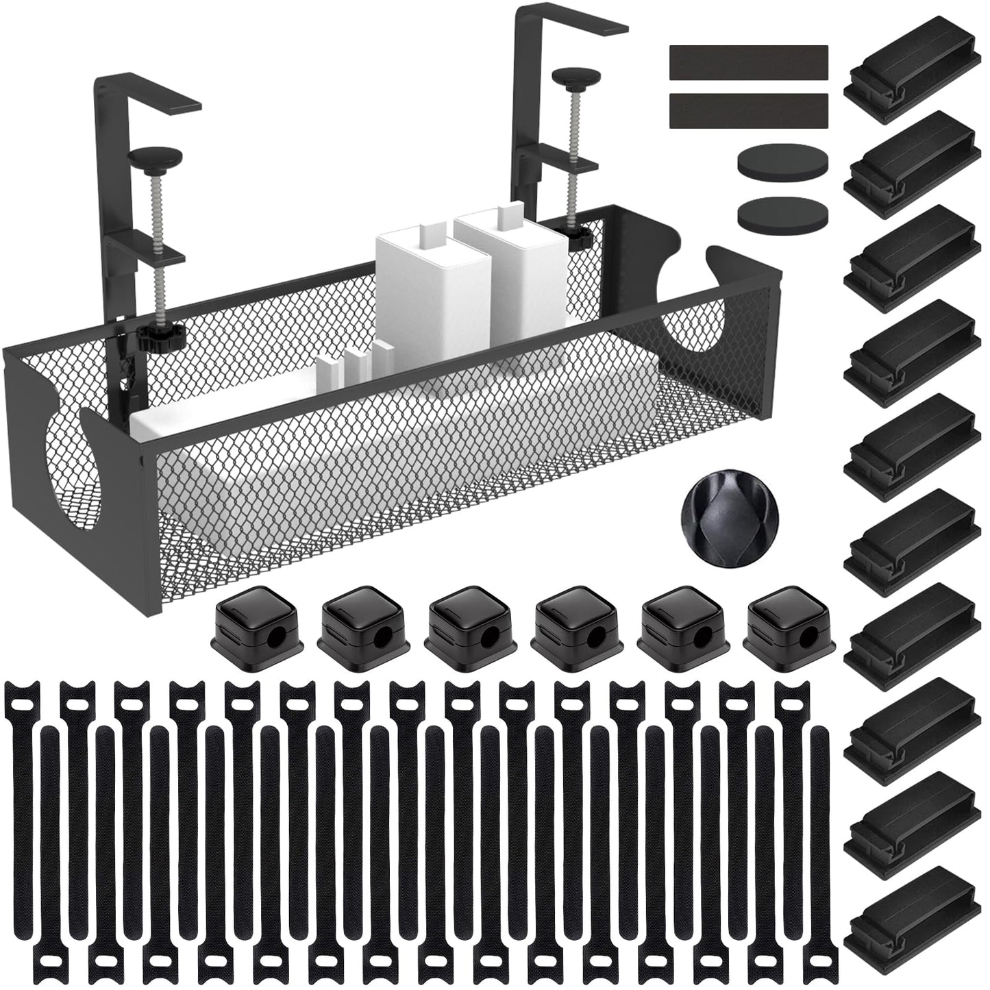Under Desk Cable Management Tray, No Drill Steel Cord Organizer Kit with 52Pcs Different Essential Accessories for Home Office Standing Desk (13.4inch, Black)