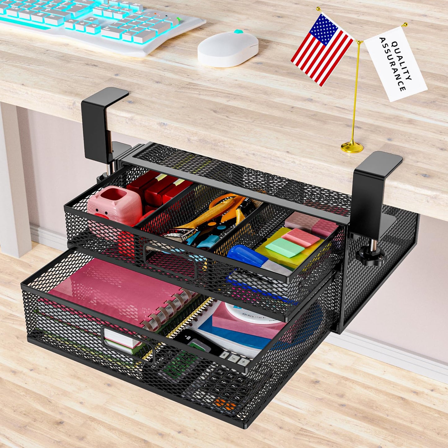 Cankm Under Desk Drawer Organizer No Drilling 2 Slide Out Drawer Under Desk Storage Drawer Clamp On Under Desk Management Drawer Organizer Suitable for Home and Office
