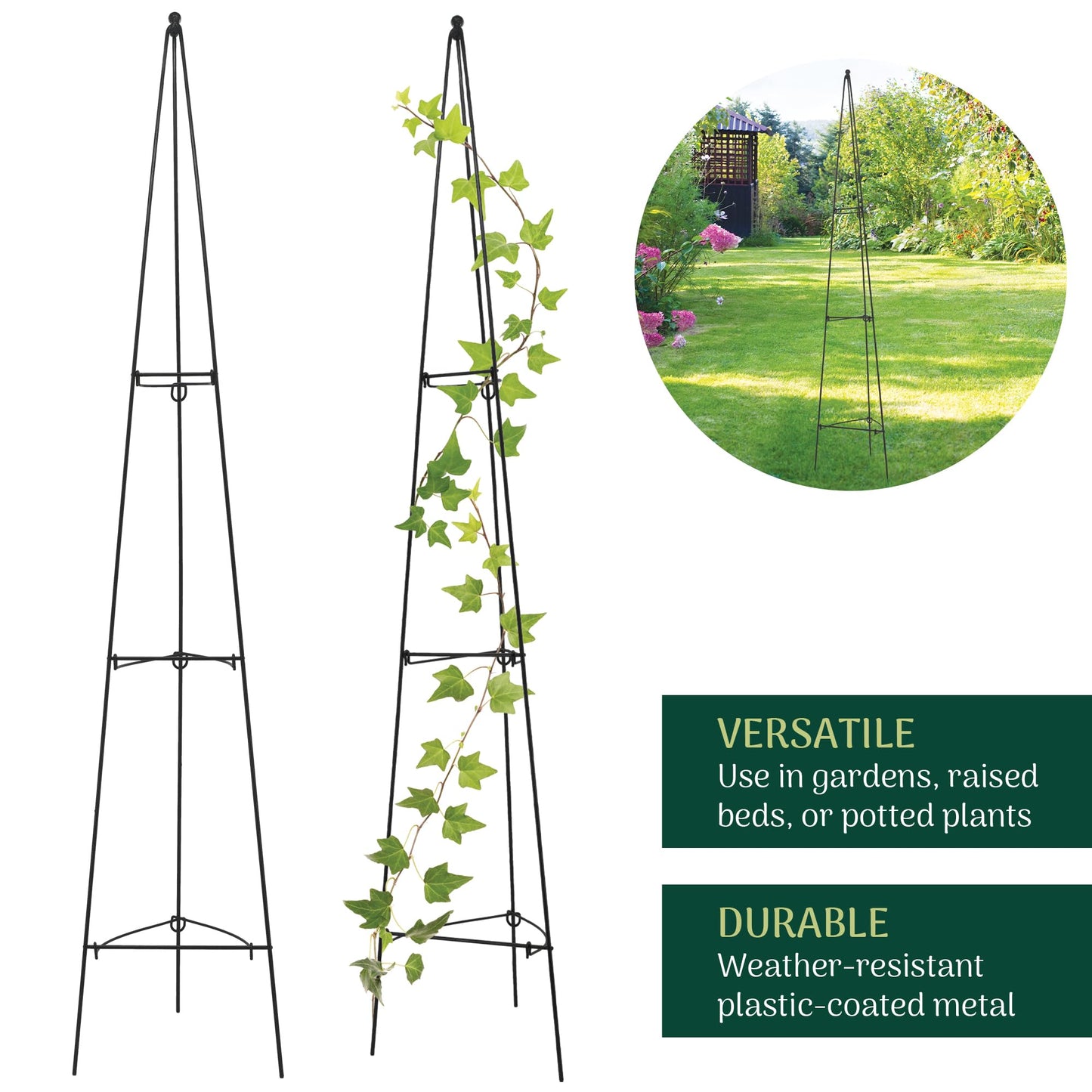 Arcadia Garden Products 5ft Folding Metal Obelisk Trellis for Climbing Plants, Assembly-Free Plastic-Coated Grow Support for Indoor Outdoor Flowers, Vegetables, Vines, Ivy