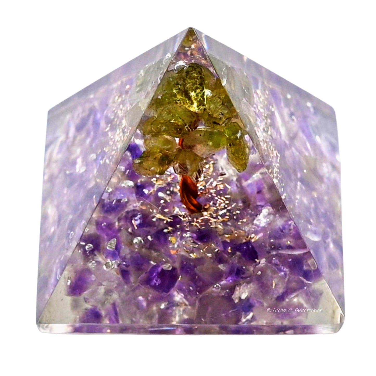Amazing Gemstone Amethyst with Peridot Tree Orgone Pyramid - 30mm Small Orgonite Pyramids with Crystals and Healing Stones - Authentic Organite Gifts