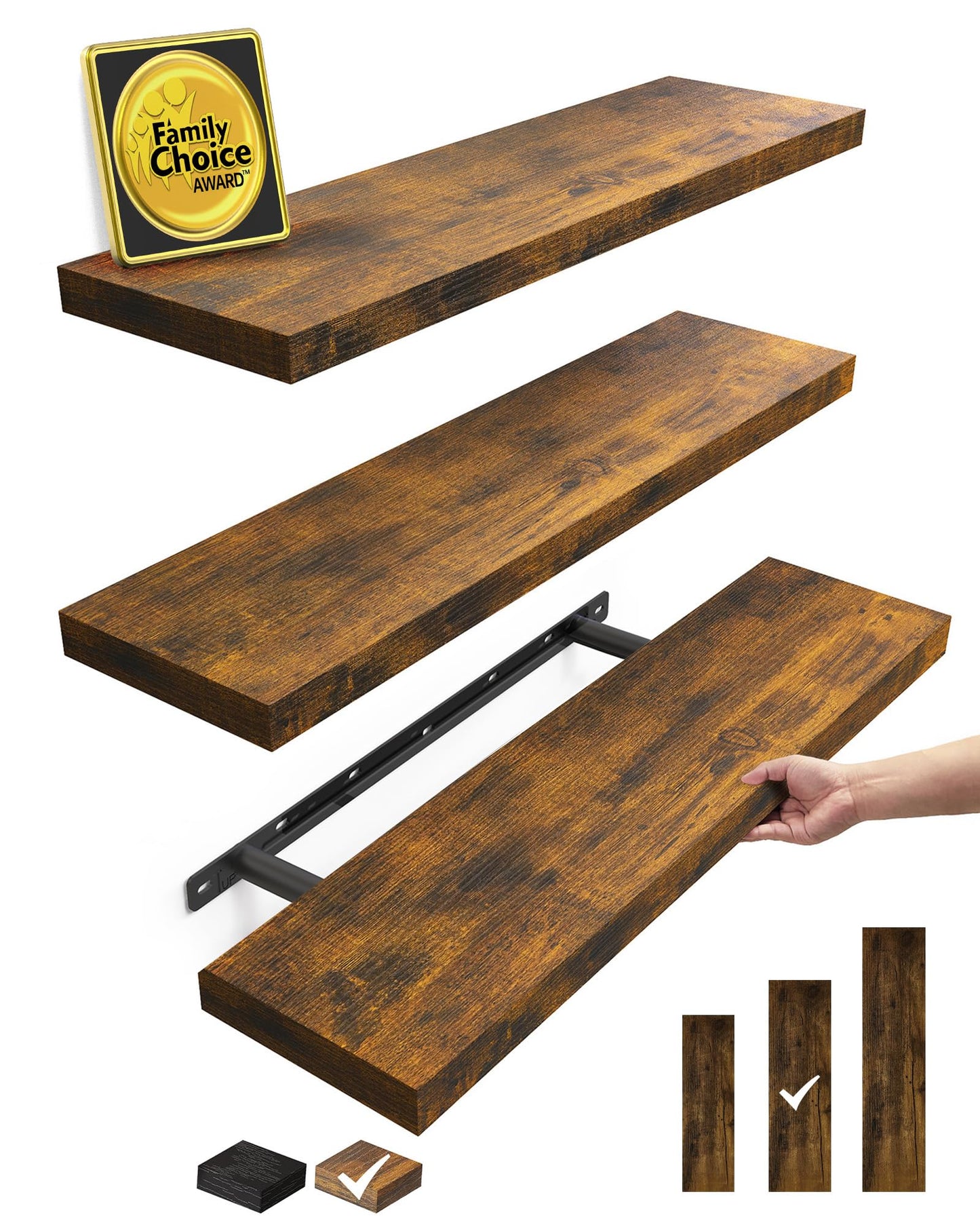 BAYKA Floating Shelves for Wall, Set of 3, 22.5 Inch Rustic Wood Wall Mounted Shelving for Bathroom, Bedroom, Living Room or Kitchen, Hanging Display Decor Book Shelf with 22 lbs, Rustic Brown