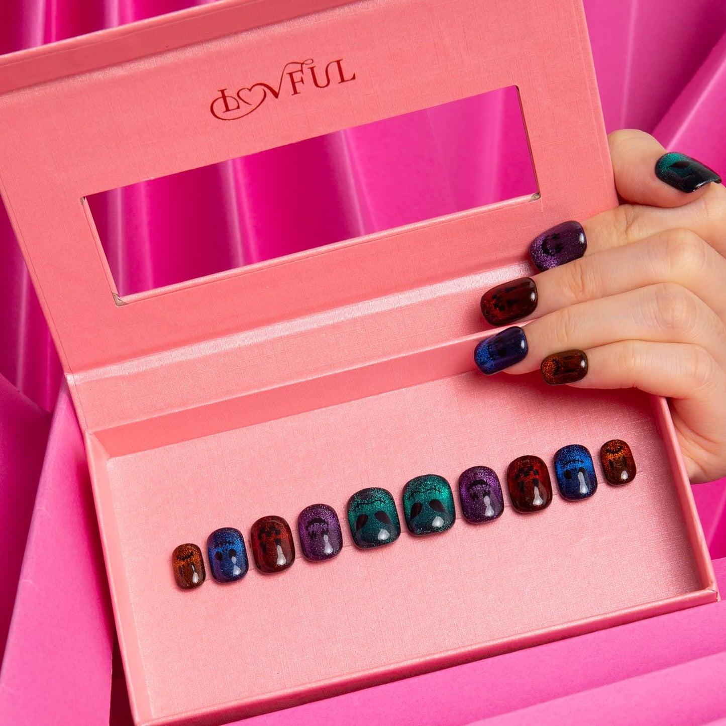 LOVFUL Press on Nails Spectral Jack-o'-lantern| Handmade with Full Covered Crystals | Reusable Fake Nails | Square Short 0.8 in | H336-S