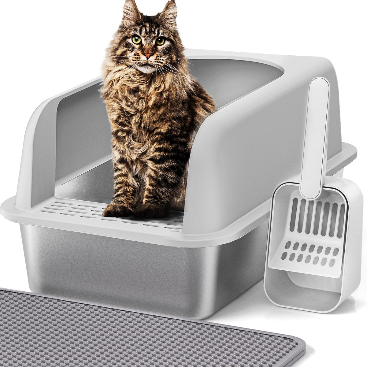 Henkelion Stainless Steel Cat Litter Box with Lid, Extra Large Litter Box for Big Cats with High Sided, Non-Sticky, Anti-Urine Leakage, Easy Cleaning, Include Cat Mat and Scoop with Holder (S)