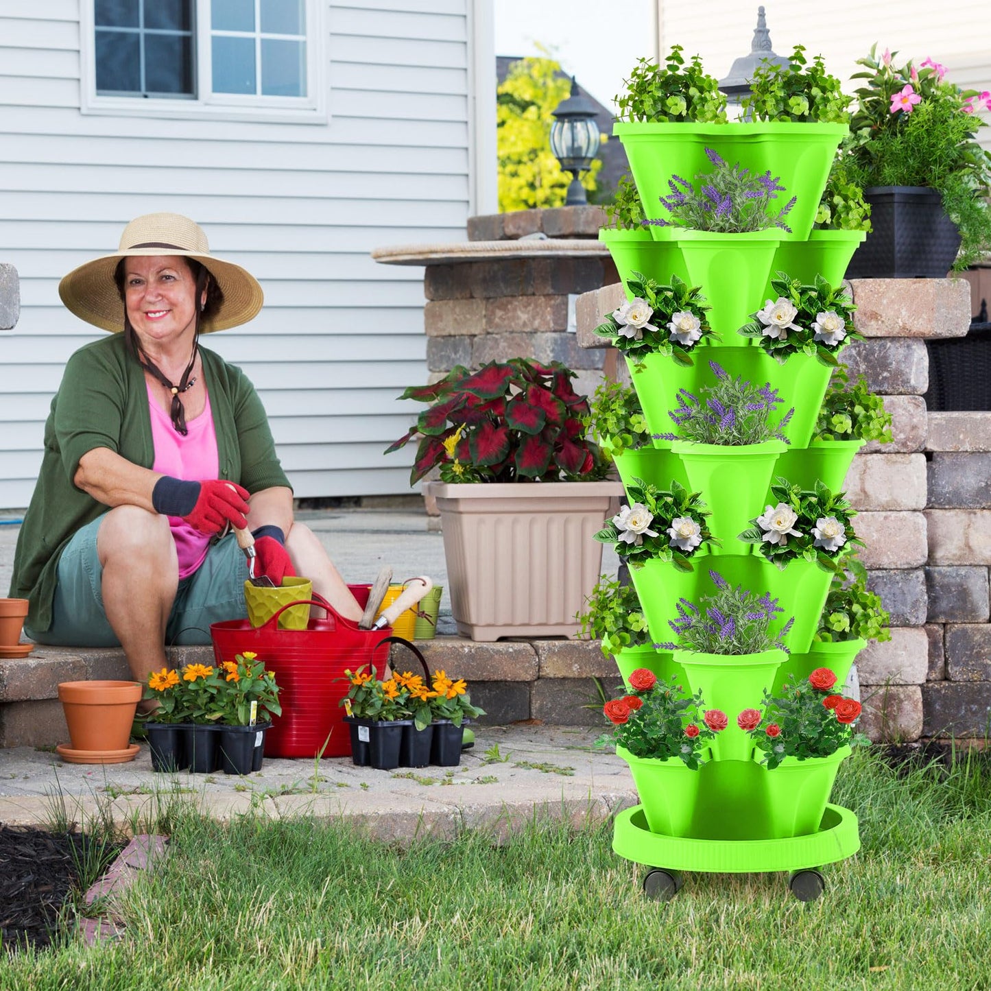 Umigy 2 Set of 7 Tier Vertical Planter Stackable Tower Planters Strawberry Herb Flower and Vegetable Pots Indoor Outdoor Gardening Pots with Removable Wheels and Tools(Light Green)