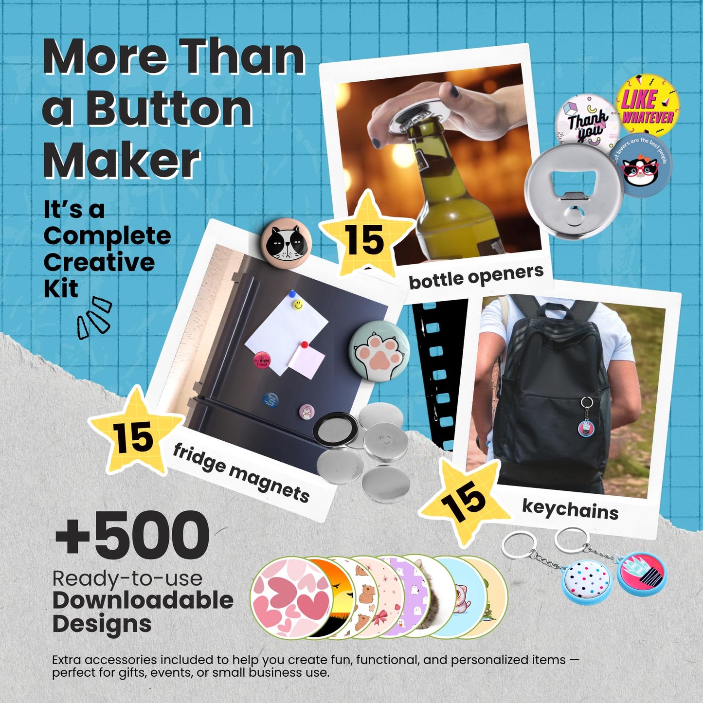 Button Maker Machine 1+1.25+2.5 Inch Pin Maker Kit - Multiple Size Molds, 500 Buttons, 15 Fridge Magnets, 15 Bottle Openers, 15 Keychains, Cutters, and 500+ Button Designs for DIY Crafts