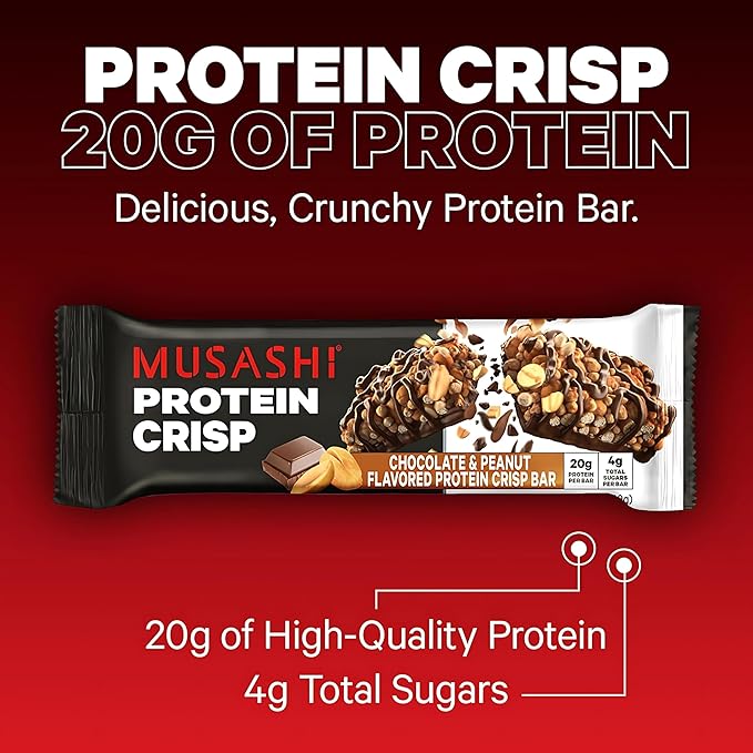 MUSASHI Protein Crisp Bar, 20g Protein, 4g Total Sugars, Chocolate & Peanut, Post Workout and Snack On The Go, 12 Pack of 2.1oz (60g) Bars