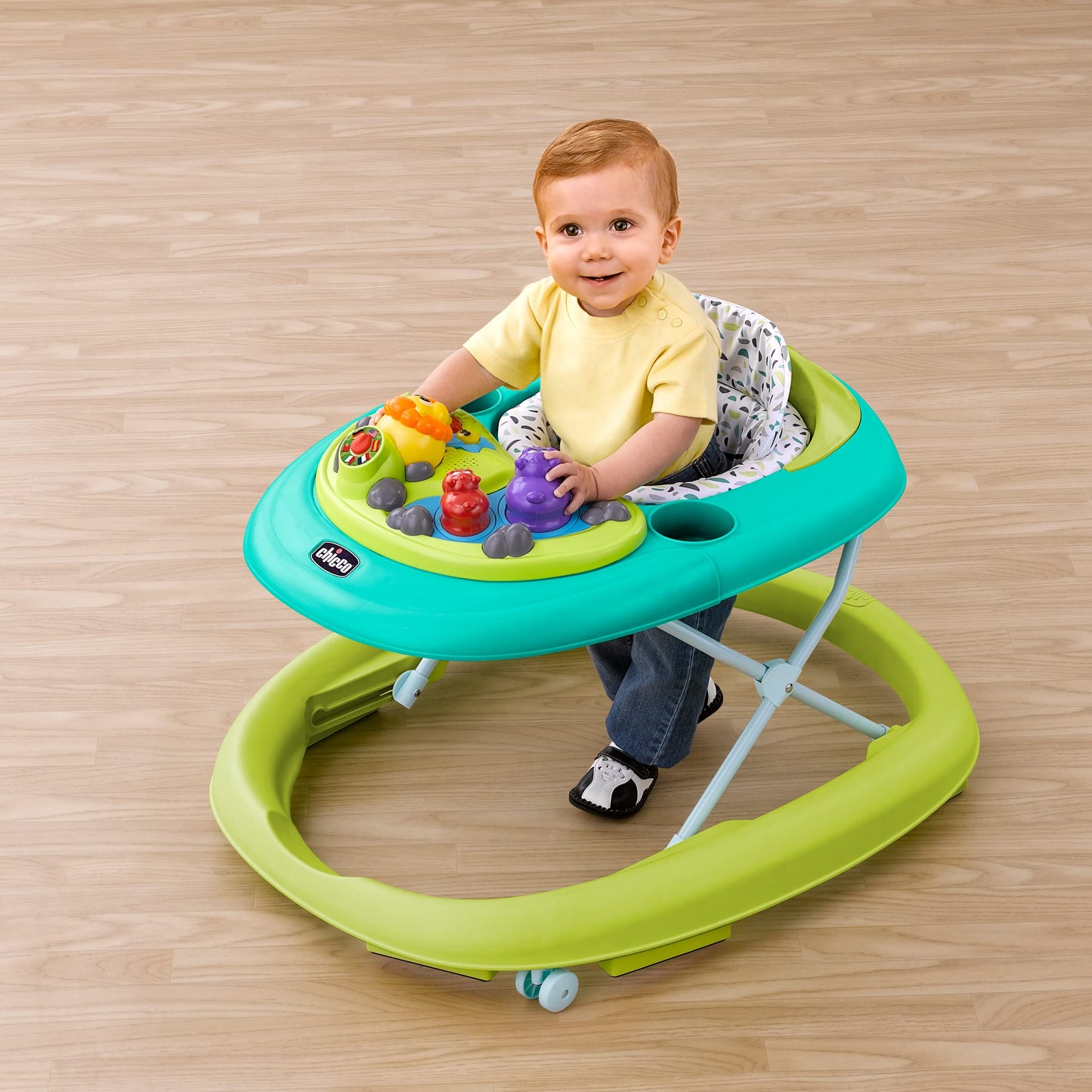 Chicco Walky Talky Foldable Baby Walker, Multilingual Play Tray with Music and Lights, 3 Height Adjustments, Brake Pads, for Children up to 26 lbs., Compact Fold, Circles/Grey/Green