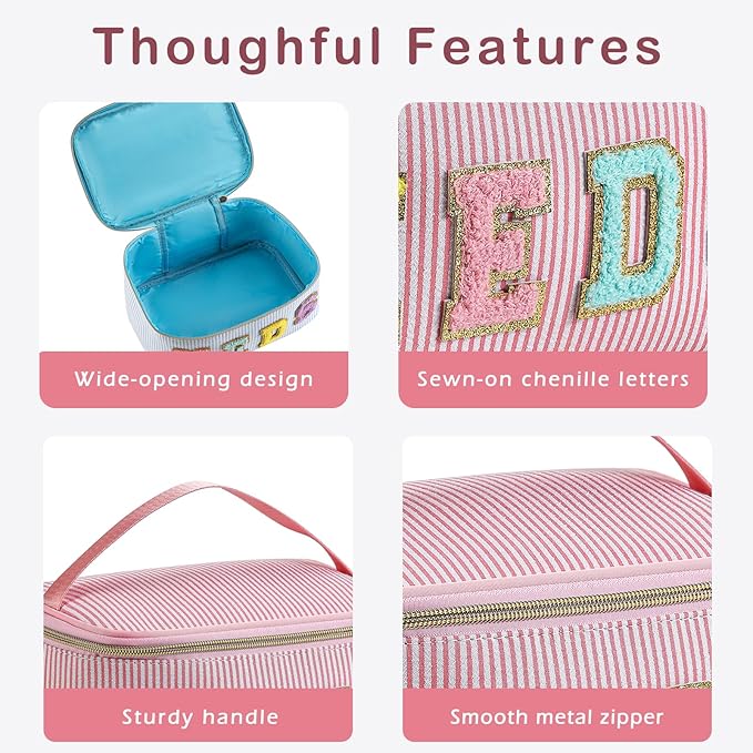 uekeboag Personalized Chenille Letter Seersucker MEDS Makeup Bag,Large Size Medicine RX Cosmetic Bag with Top Handle, First Aid Travel Organizer Bag for Women Girls(05Pink)