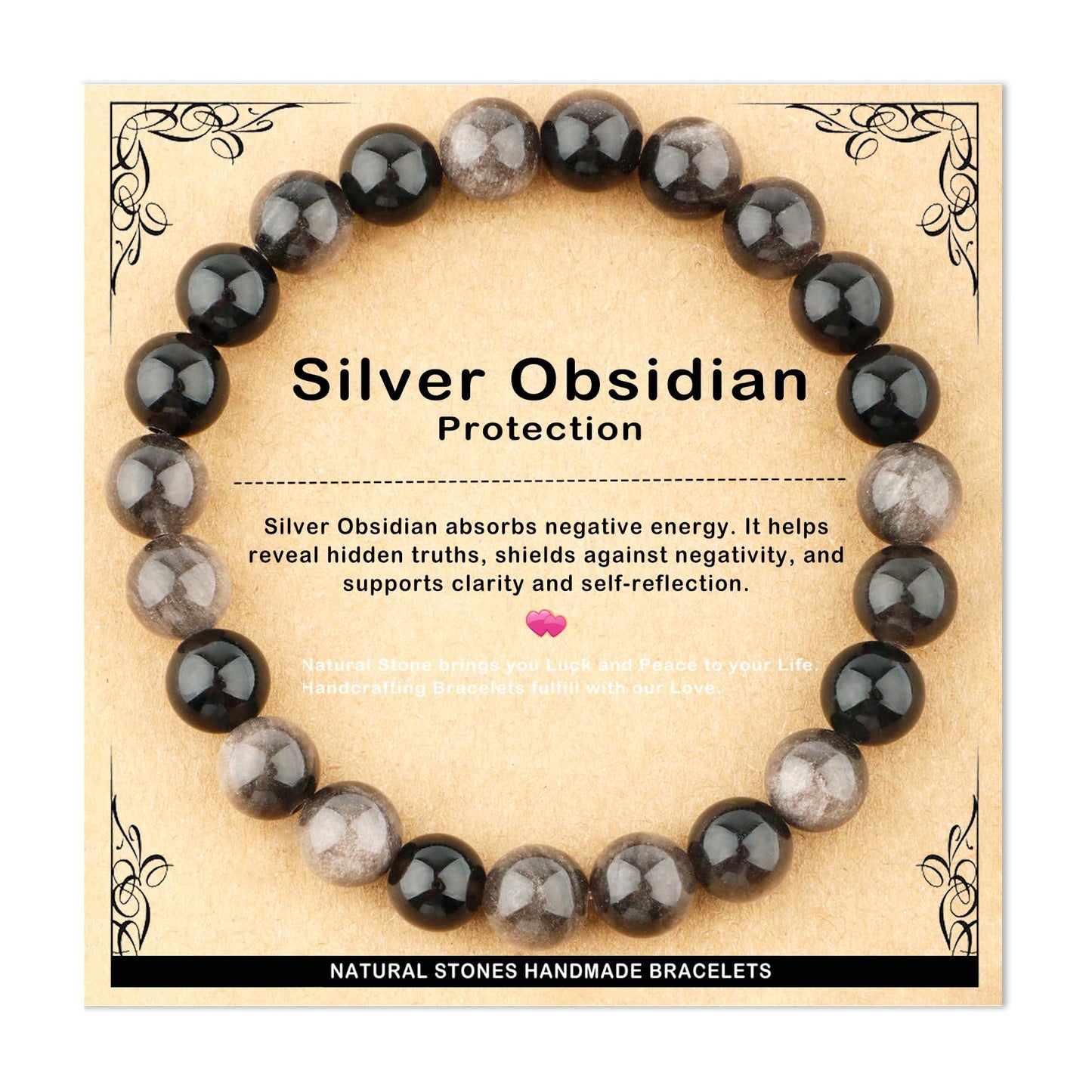 AD Beads 8mm Handmade Silver Obsidian Elastic Bracelet – Natural Gemstone for Protection – Meditation, Yoga, Healing and Energy Gift for Men Women