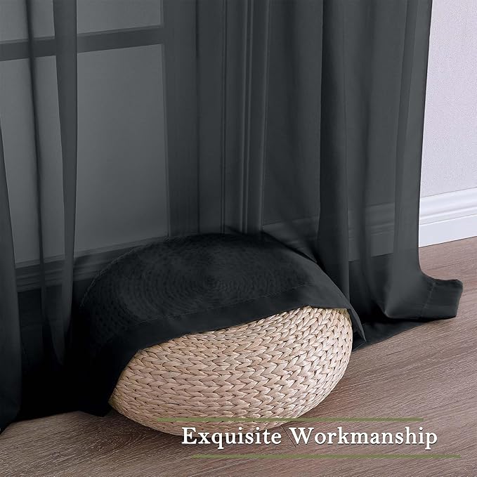 Lecloud Black Sheer Curtains 63 Inch Length 2 Panels, Voile Light Filtering Living Room Curtains for Bedroom, Rod Pockets Solid Soft Drapes for Bathroom Home Office, Each Panel 59" W x 63" L