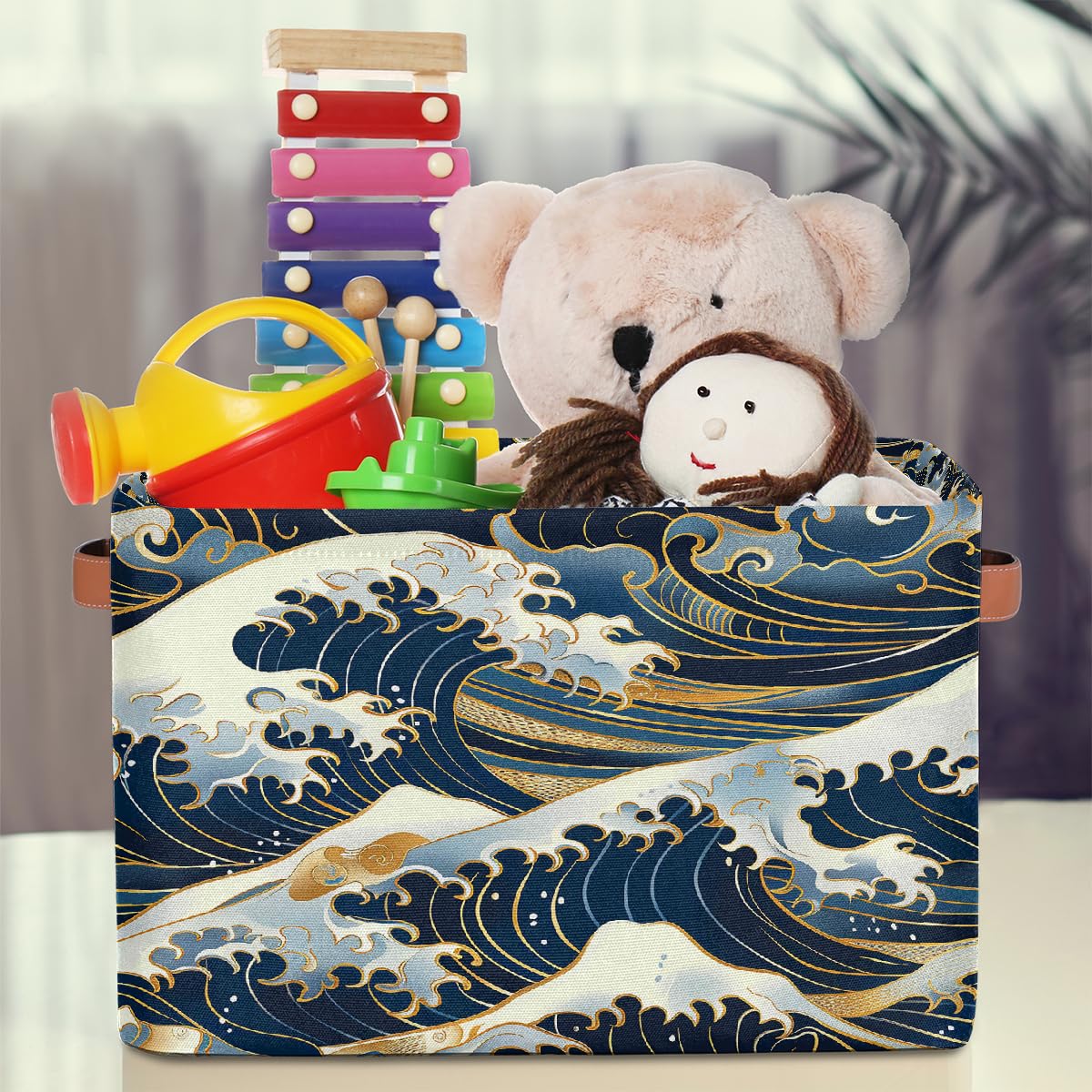 HSYOYO Ocean Waves Japanese Storage Basket with Handles Collapsible Storage Bins Rectangular Toy Storage Organizer Box Fabric Shelf Baskets for Nursery Bedroom Bathroom 1PC
