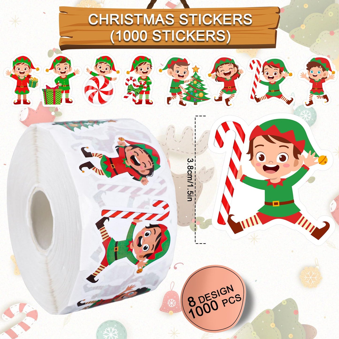 1000Pcs Christmas Stickers Roll 8 Designs Elves Decals Assorted Funny Cartoon Xmas Elf Adhesive Decorative Stickers for Gift Greeting Card Party Supplies