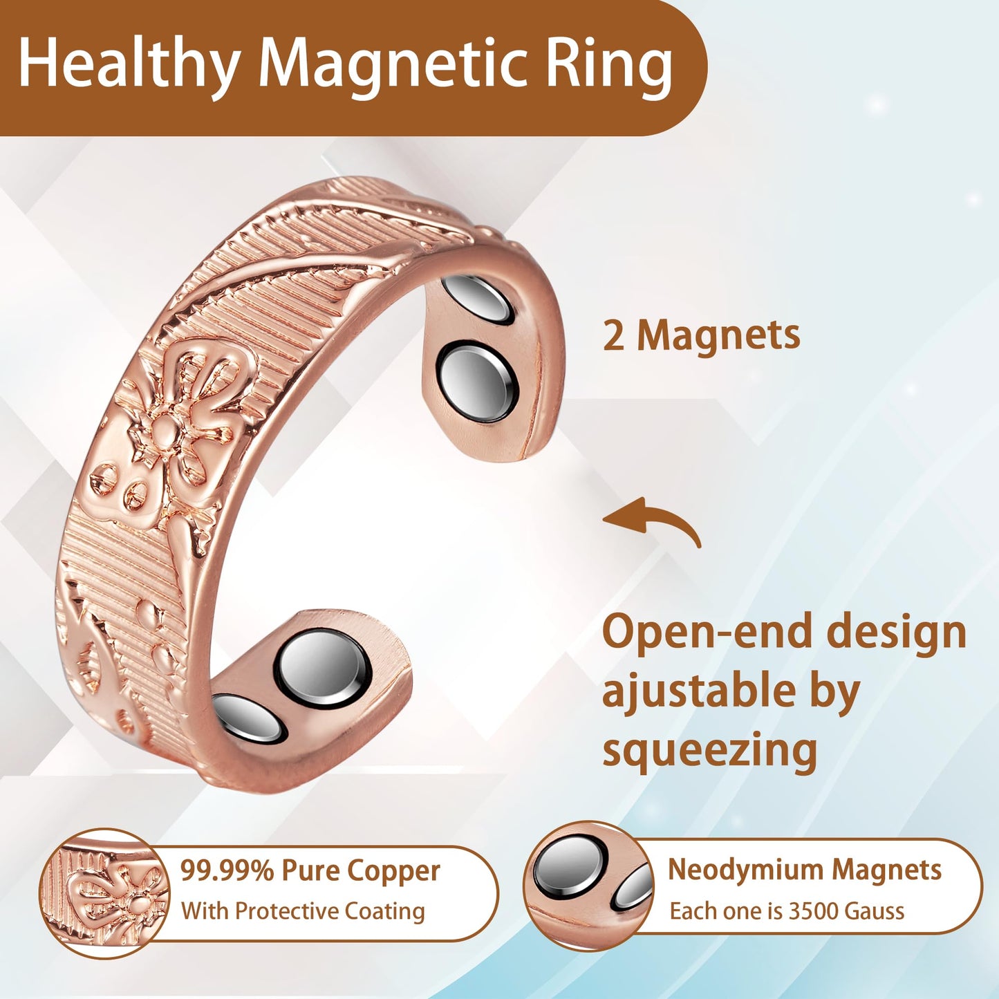 EnerCoppeX Copper Magnetic Ring for Women, Lymphatic Drainage Adjustable Ring, 3500 Gauss Magnet (J)