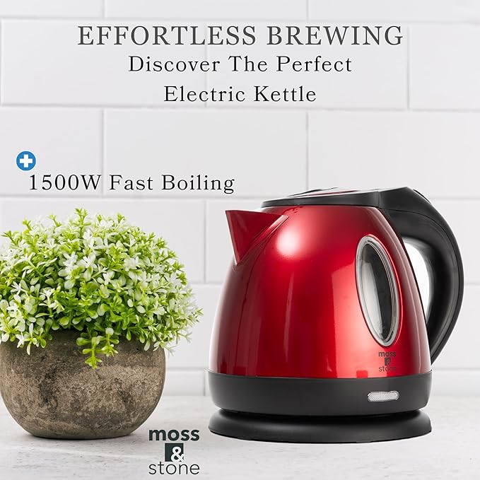 Moss & Stone 1.2L Stainless Steel Small Electric Kettle Red Color, Cordless 1500w Fast Boiling Pot, Portable Hot Water Electric Tea Kettle With Boil Dry Protection & Auto Shut-Off