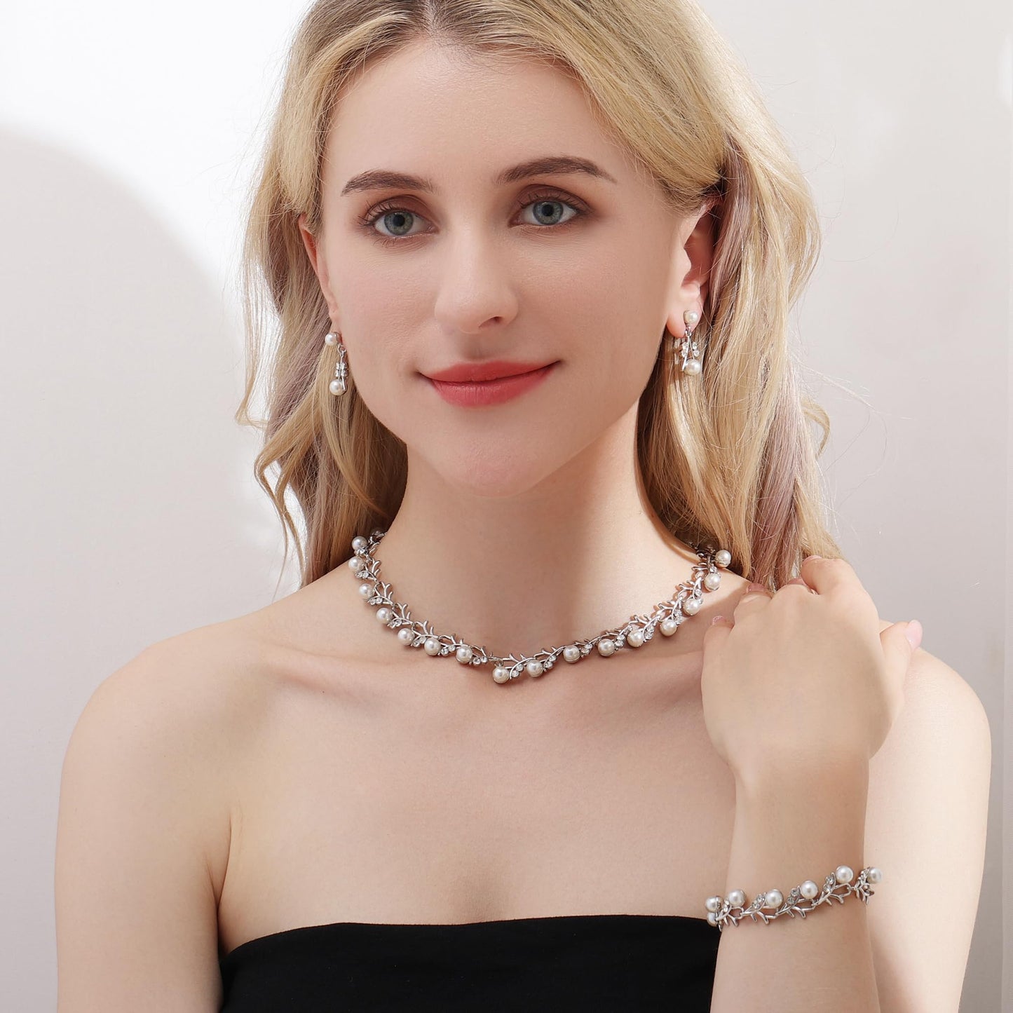 AILUOR Pearl Jewelry Set for Women - 14K Gold/Silver Plated Pearl Necklace, Earring & Bracelet Set - Wedding Bridal Gift (3pcs Silver)