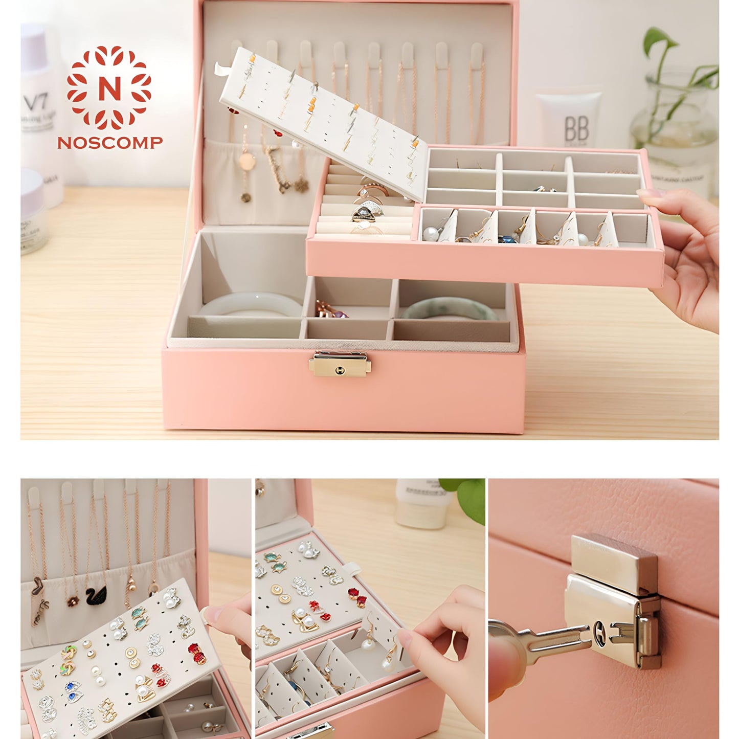 NOSCOMP Faux Leather Organizer Box, Jewellery Organiser, Storage Bag For Necklace: Earrings: Rings: Bracelet, Portable Storage Box Case With Dividers (Pink)