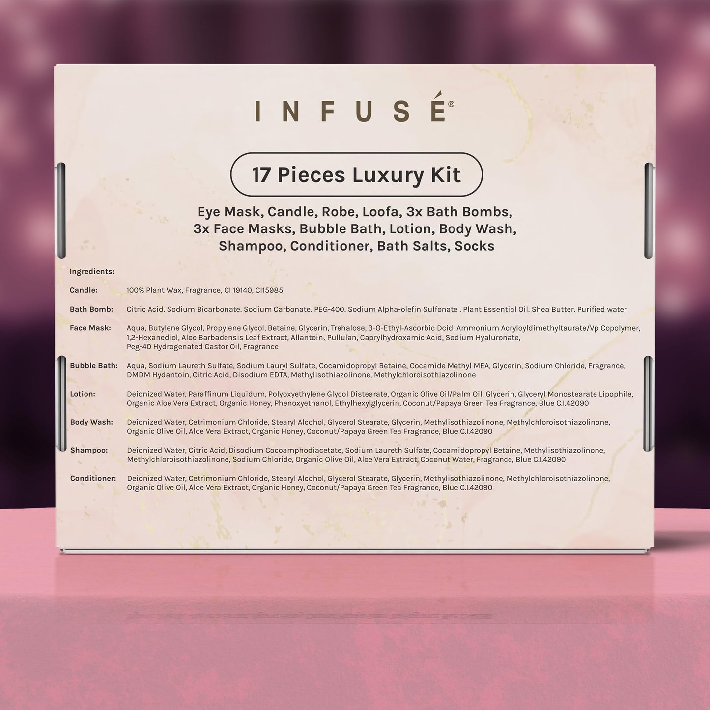 INFUSÉ 17-Piece Spa Gift Box for Women | Mother’s Day & Graduation Gift | Eye Mask, Candle, Robe, Loofa, Bath Bombs, Face Masks, Bubble Bath, Lotion, Body Wash, Bath Salt, Shampoo, Conditioner & Socks