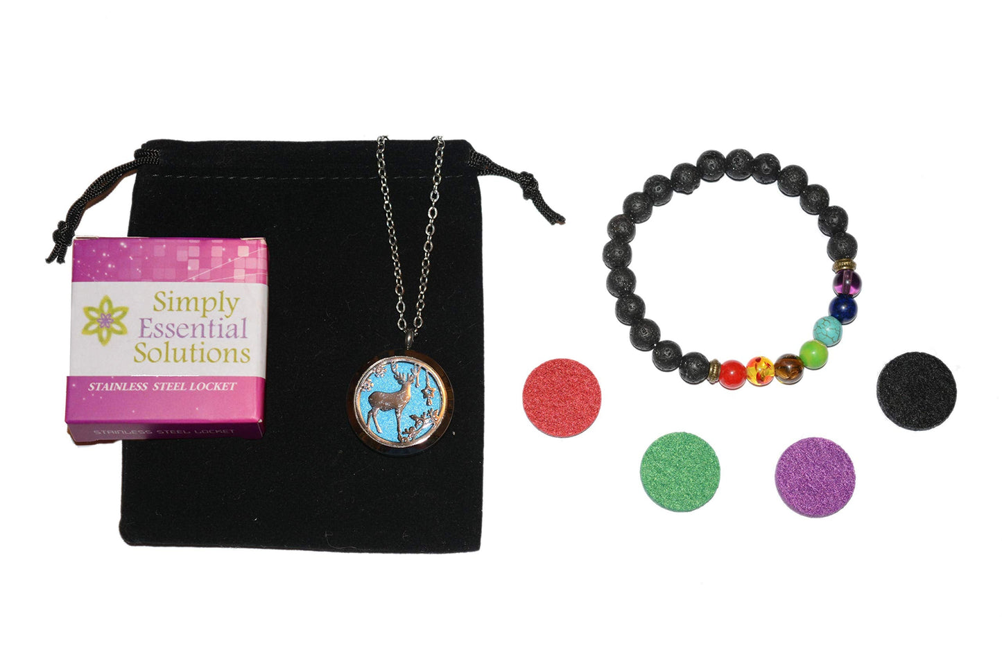 Aromatherapy Essential Oil Diffuser Stainless Steel Silver Magnetic Locket Pendant 2 Sizes Chain Necklace, Refill Pads & Diffuser Bracelet in a Velvet Bag (Winter elk with Ornaments)