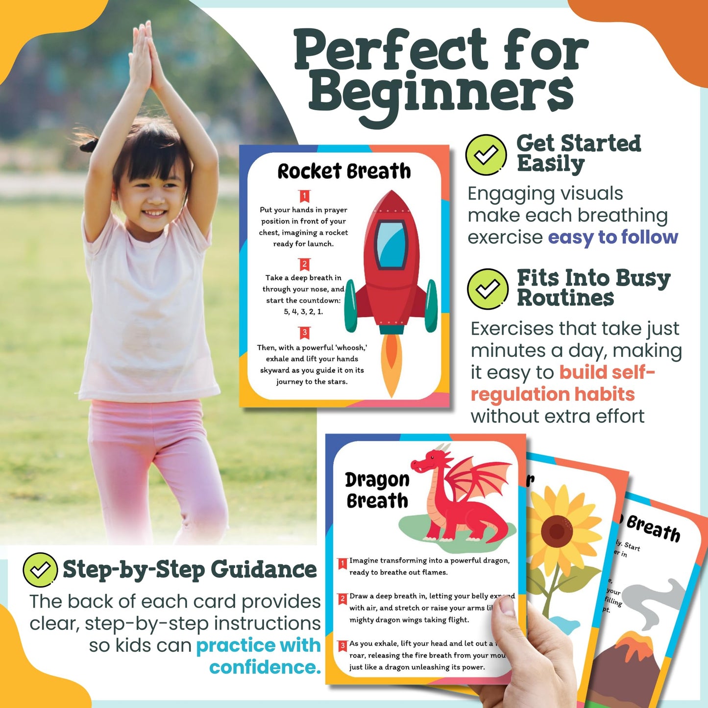 Breathing Cards for Kids – Mindfulness & Calming Corner Kit Must Haves, Yoga & Speech Therapy Materials, Special Education Classroom Office, Social Emotional Learning, Mindful Sensory Play Activities