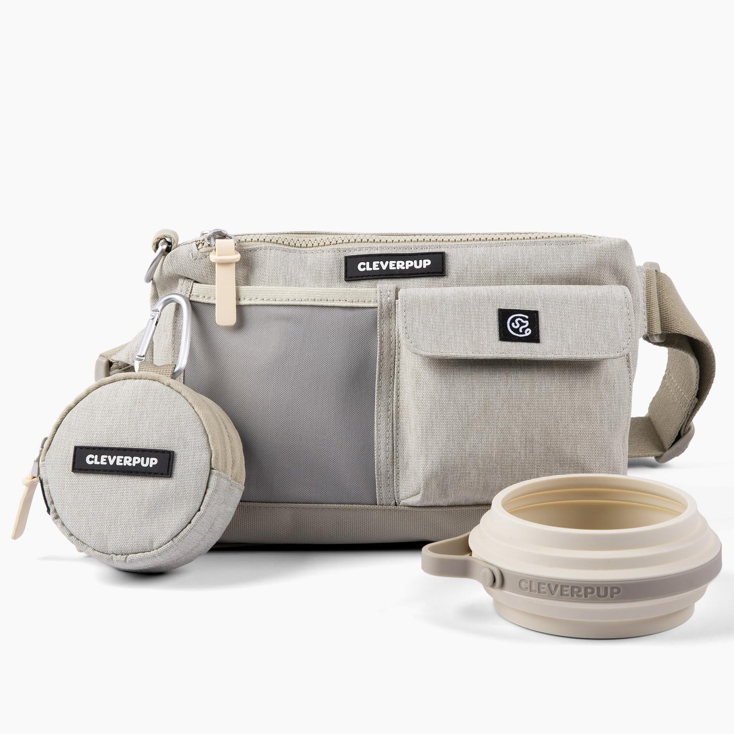 Cleverpup Dog Walk & Train Bundle - Hands Free Training Sling in Sand, Snackpack in Sand, & Small Nomad Bowl in Sand
