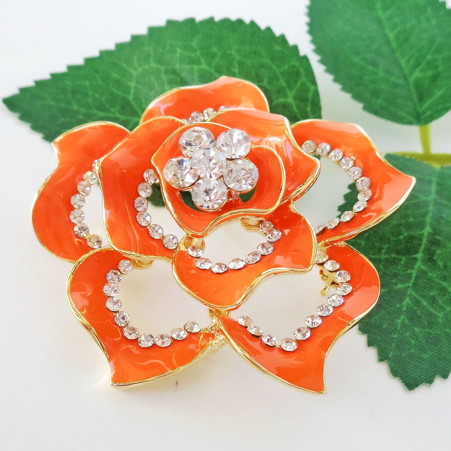 Navachi 18k Gold Plated Crystal Orange Enamel Rose Flower Az7194b Brooch pins