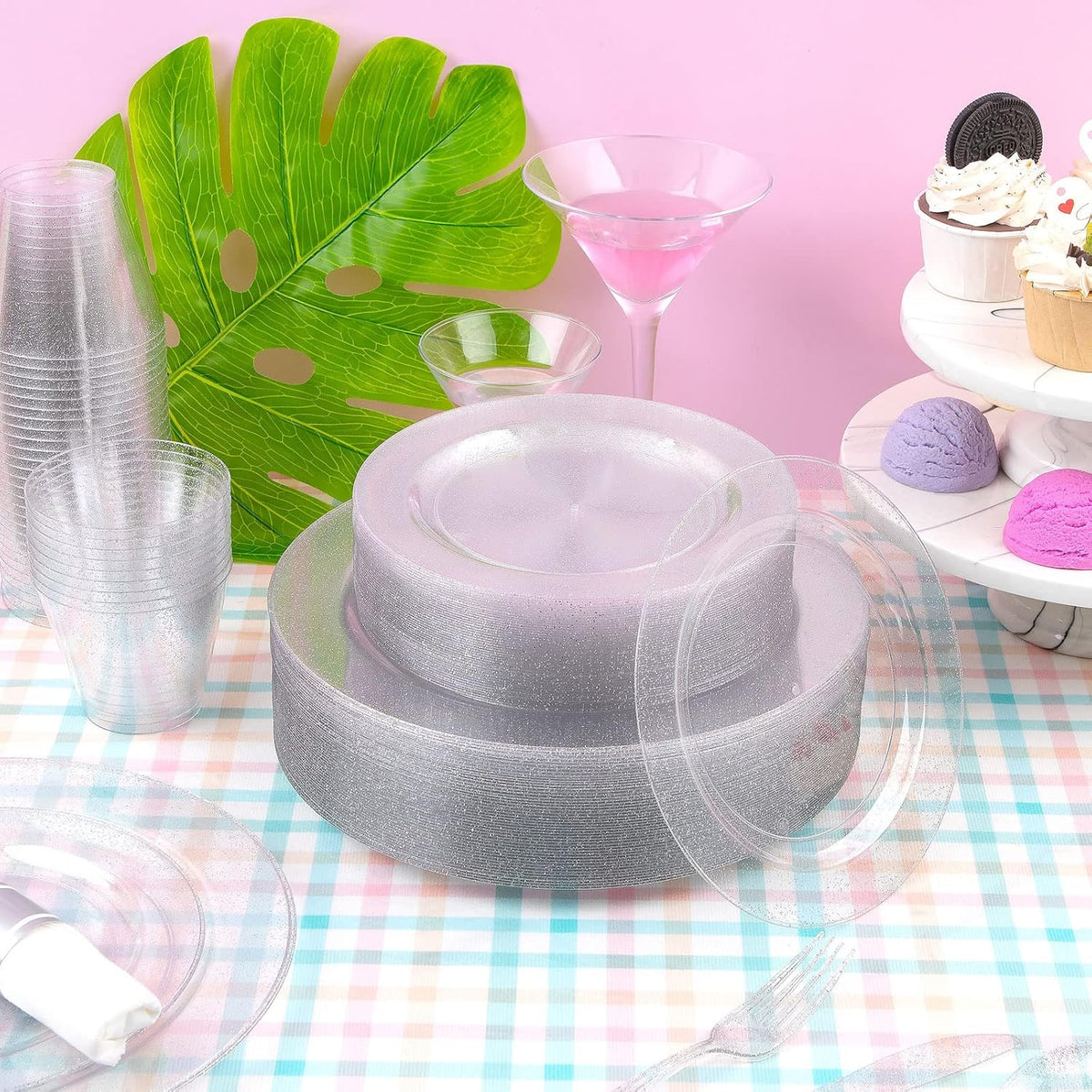 DaYammi 350 Pieces Silver Glitter Dinnerware Set 50 Guest for Party- 50 Dinner Plates, 50 Dessert Plates- 50 Per Rolled Napkins with Silver Cutlery- 50 Disposable Cups 9 OZ