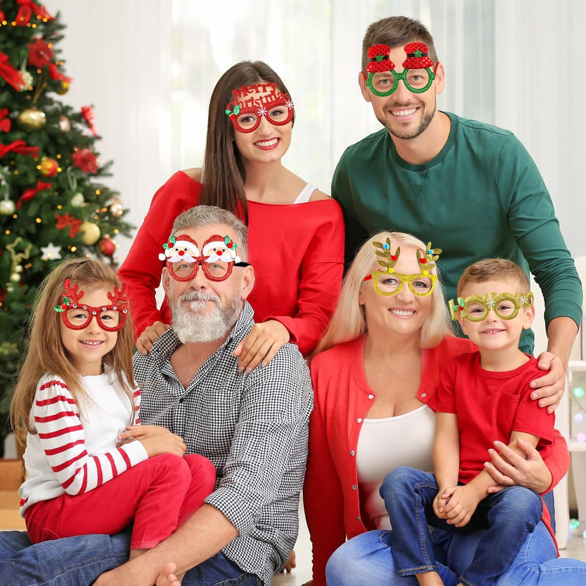 Yunfan 12pcs Christmas Glasses Glitter Party Glasses Frames Xmas Costume Eyeglasses for Cosplay Party Favor Photo Booth (One Size Fits All)