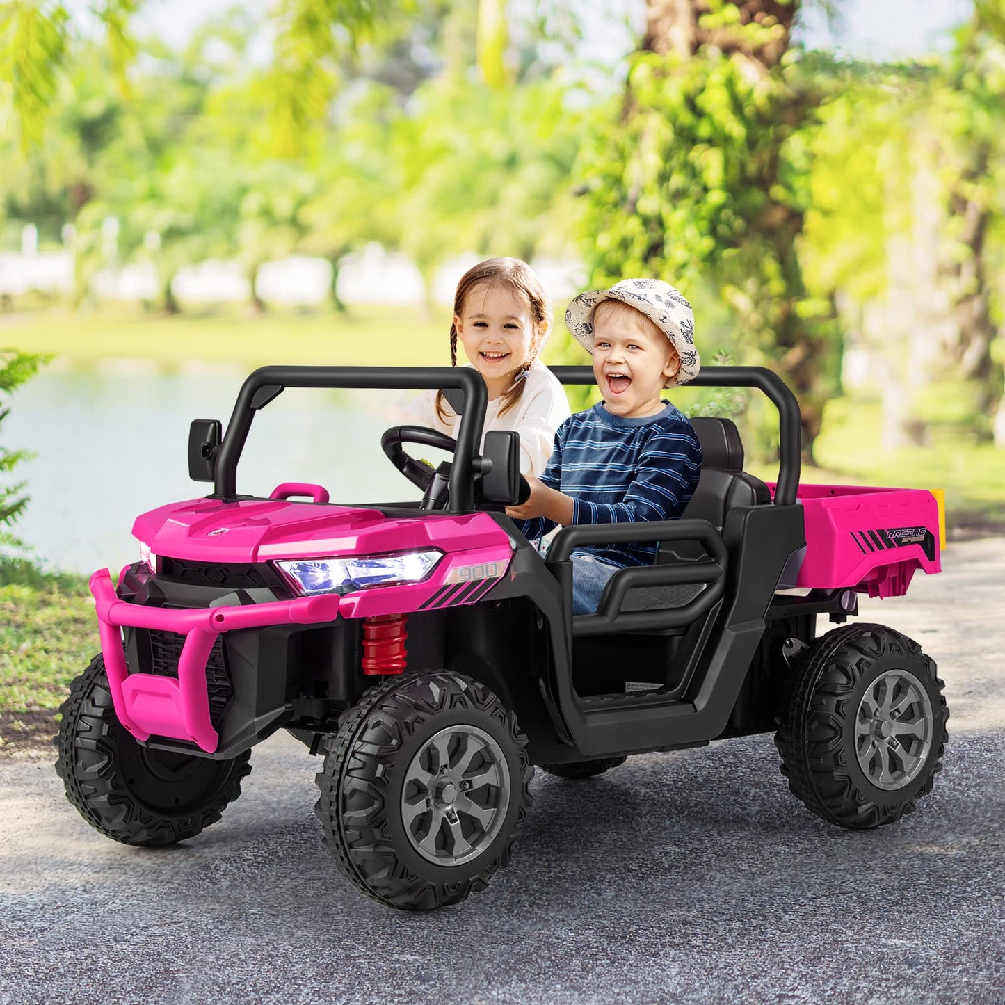 OLAKIDS 2 Seater Ride On Car, 12V Off-Road UTV Electric Vehicle with Remote Control, Dump Bed, Extra Shovel, Music, USB, AUX, Rocking Function, Kids Toddlers Battery Powered Truck (Rose)